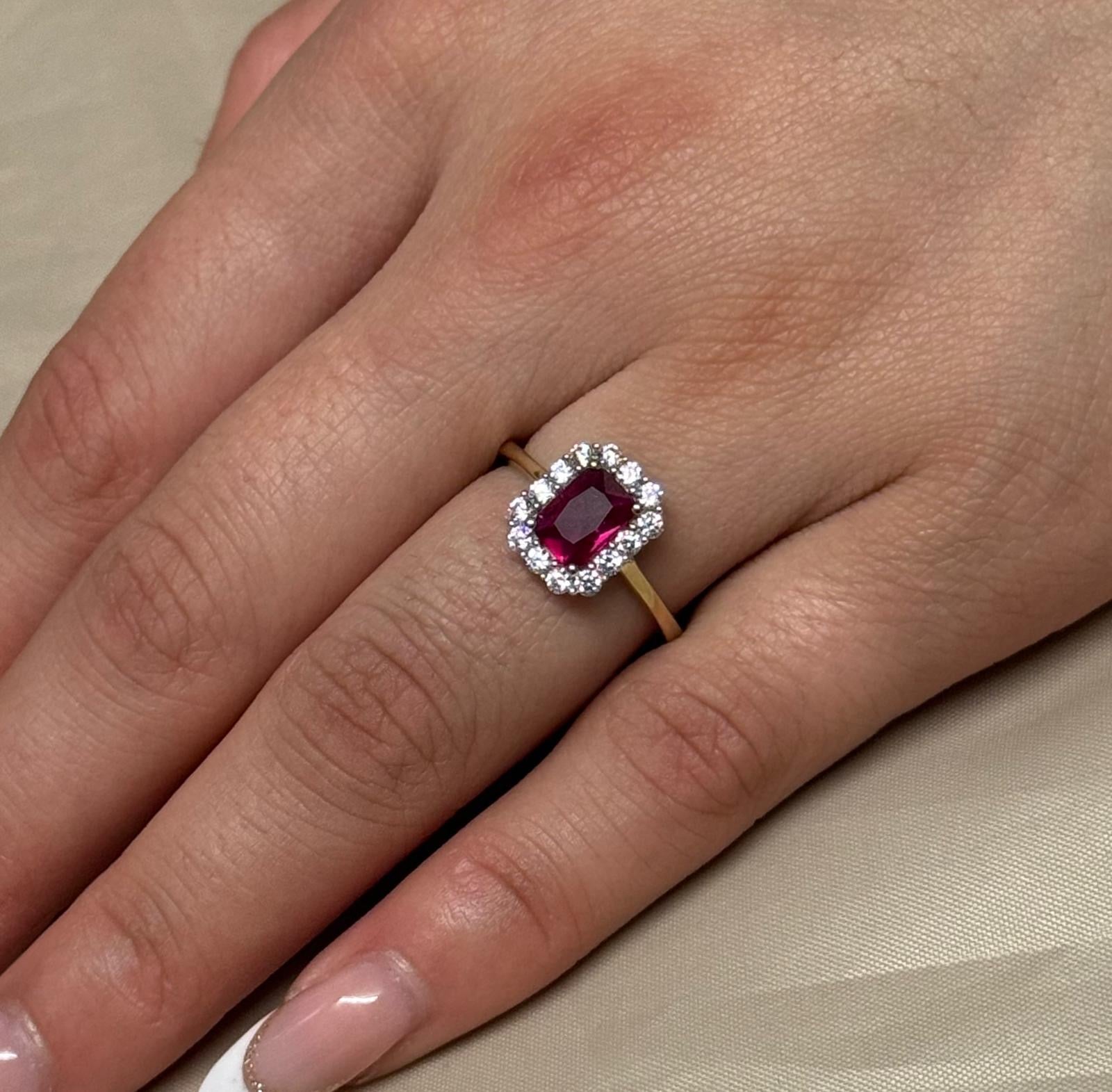 9K Yellow Gold Radiant Red Stone Ring with CZ Halo
