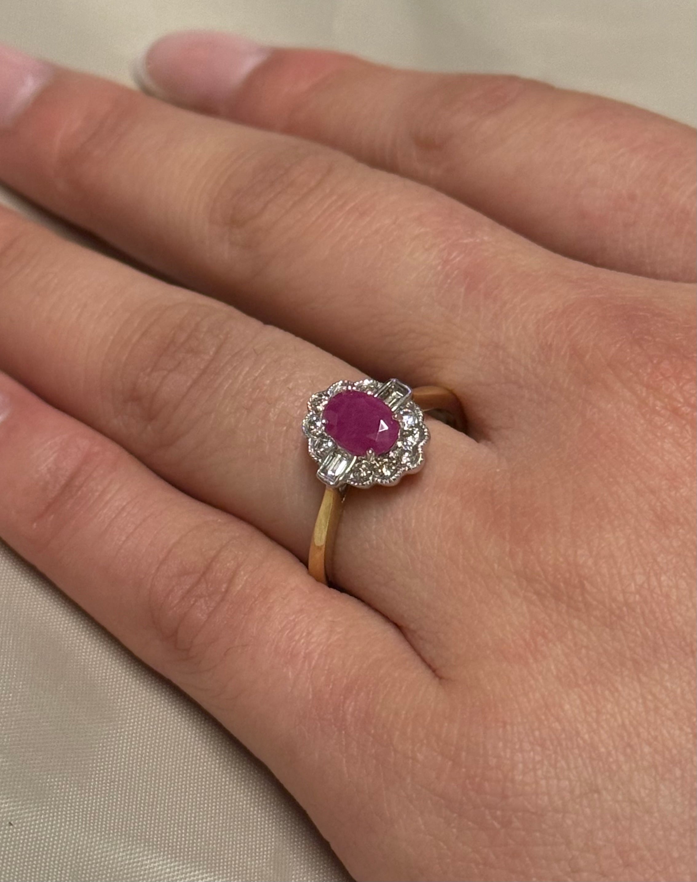 9K Yellow Gold Oval Ruby and Diamond Cluster with Baguette Side Stones