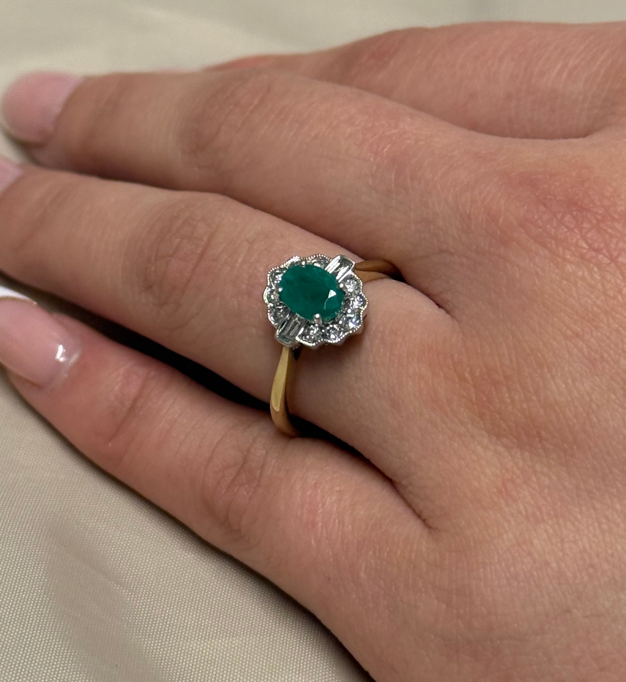 9K Yellow Gold Oval Emerald and Diamond Cluster with Baguette side stones