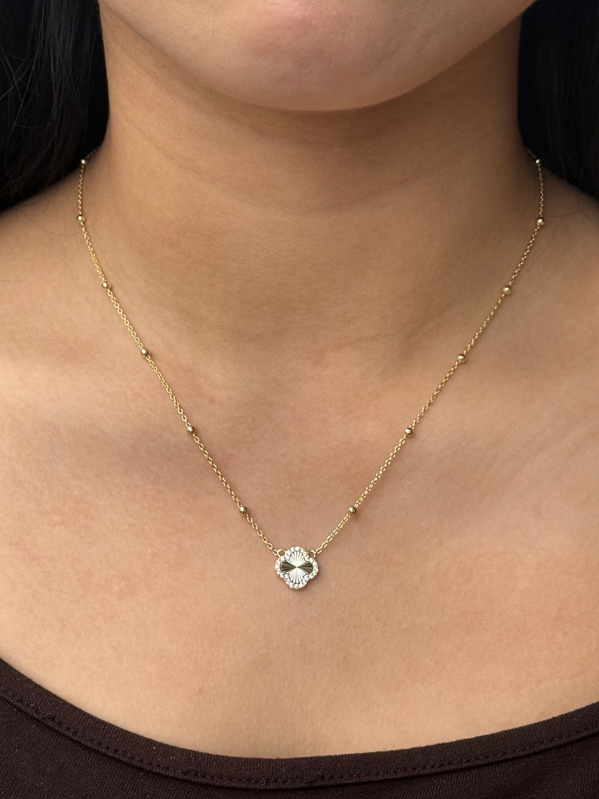 Gold Plated Sterling Silver Beaded Cz Clover Necklace