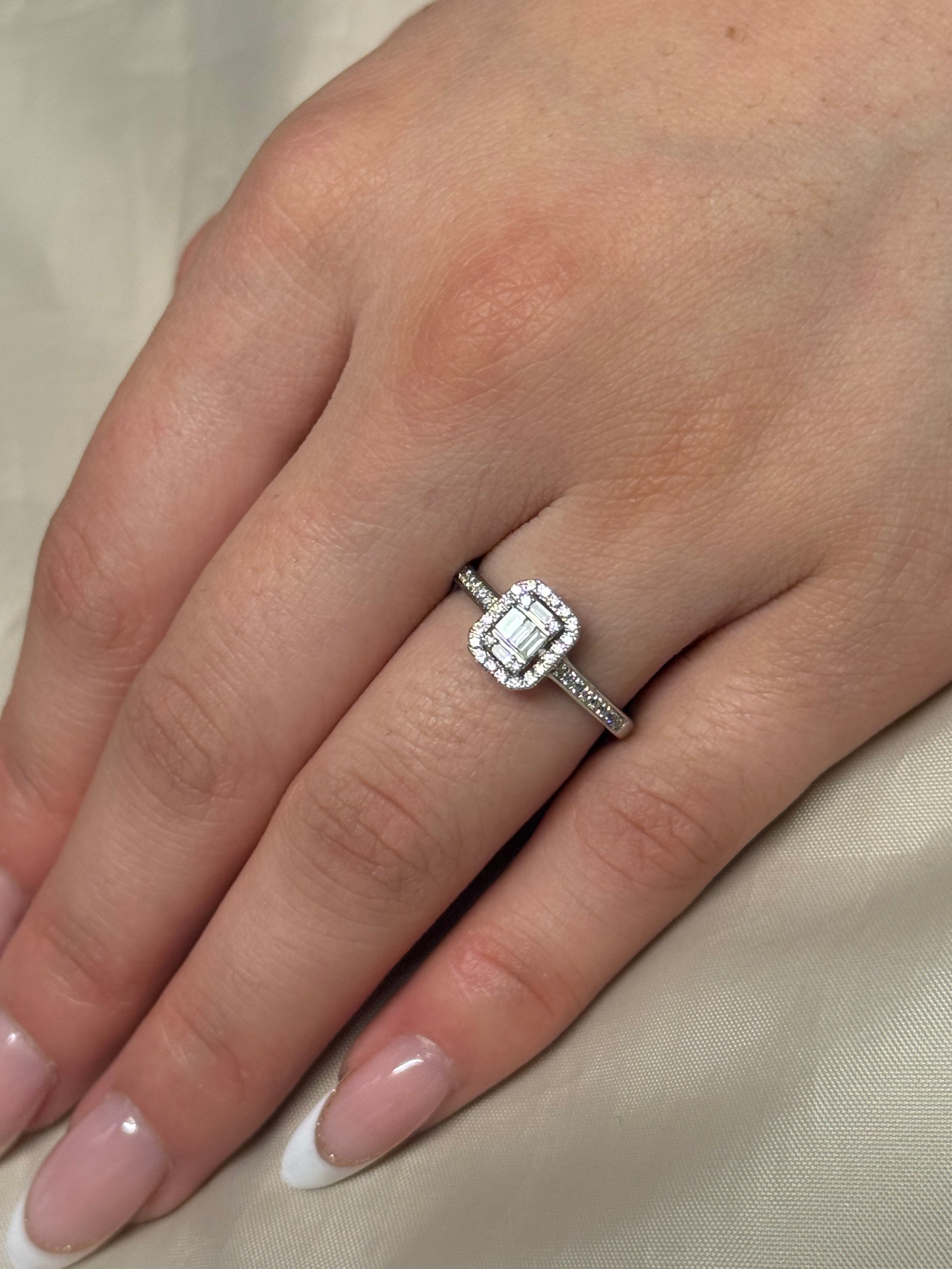 9K White Gold Emerald Cut Halo with Diamond Band