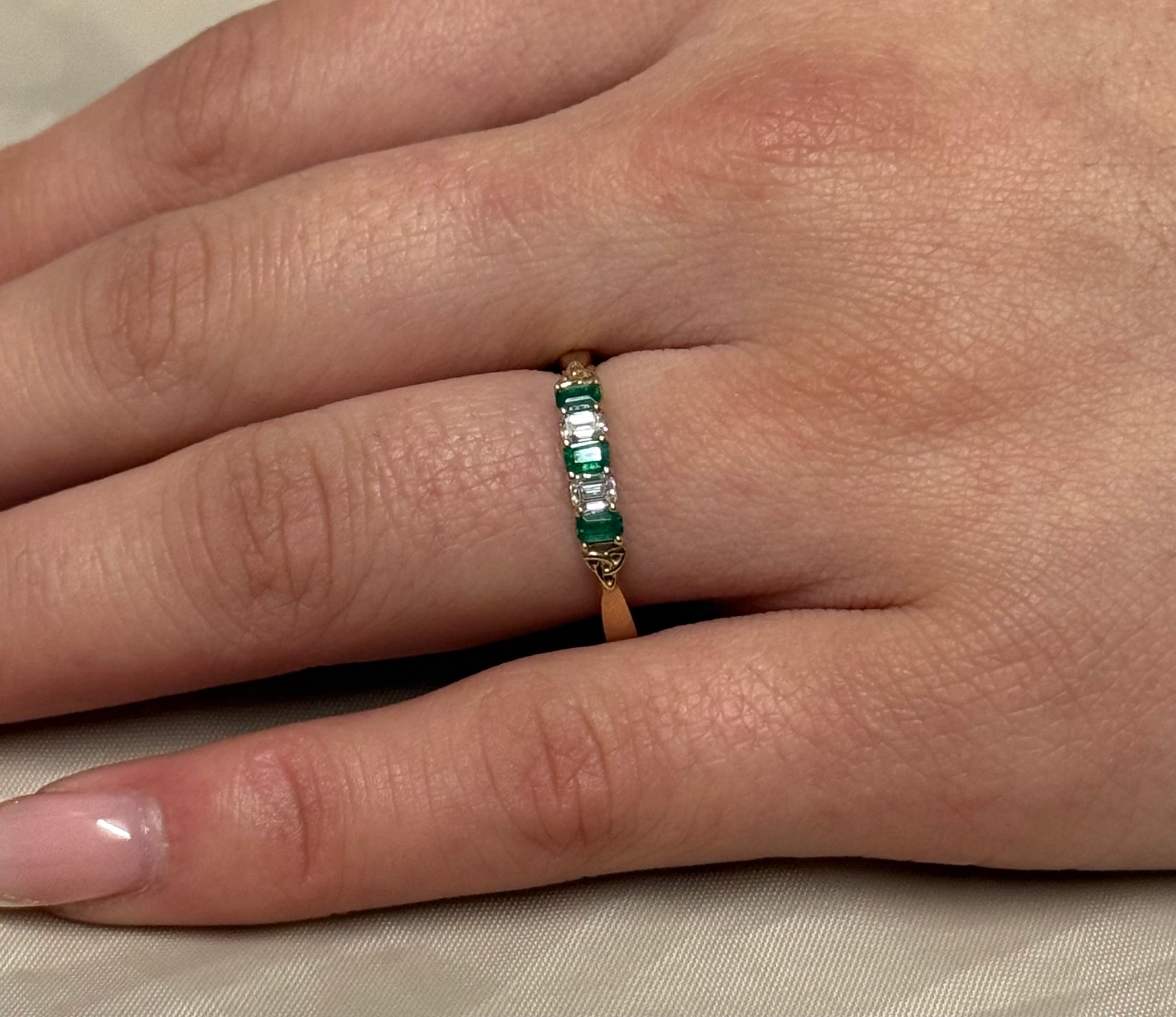 9K Yellow Gold Five Stone Emerald Cut Laboratory Grown Emerald and Diamond Ring with Trinity Accent