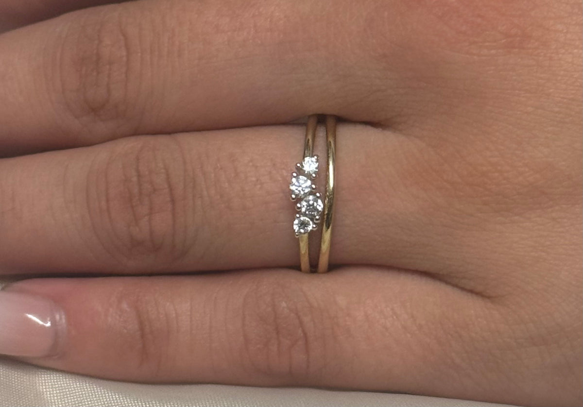 9K Yellow Gold CZ Staggered Four Stone on Split Band