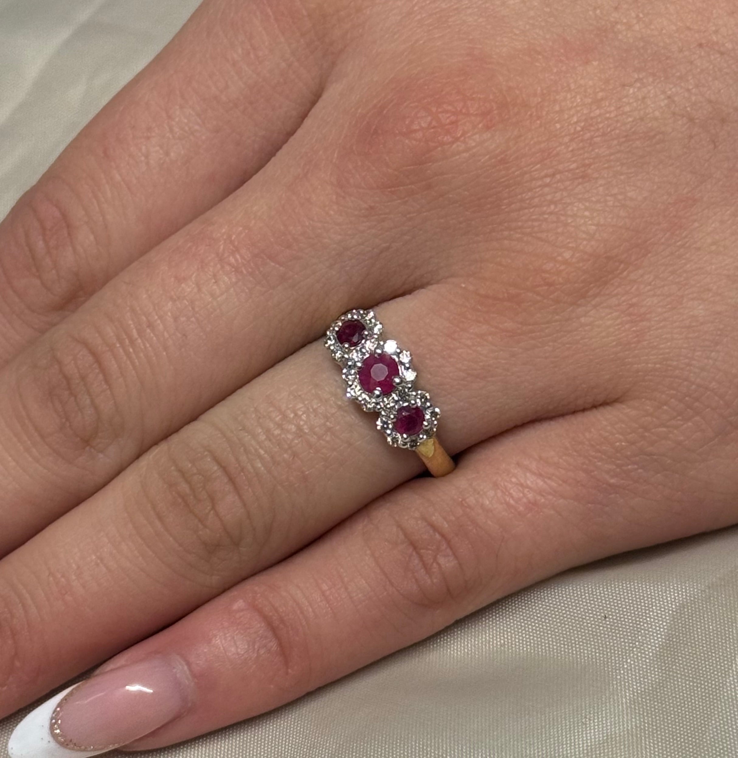 9K Yellow Gold Round Ruby Three Stone with Diamond Halo