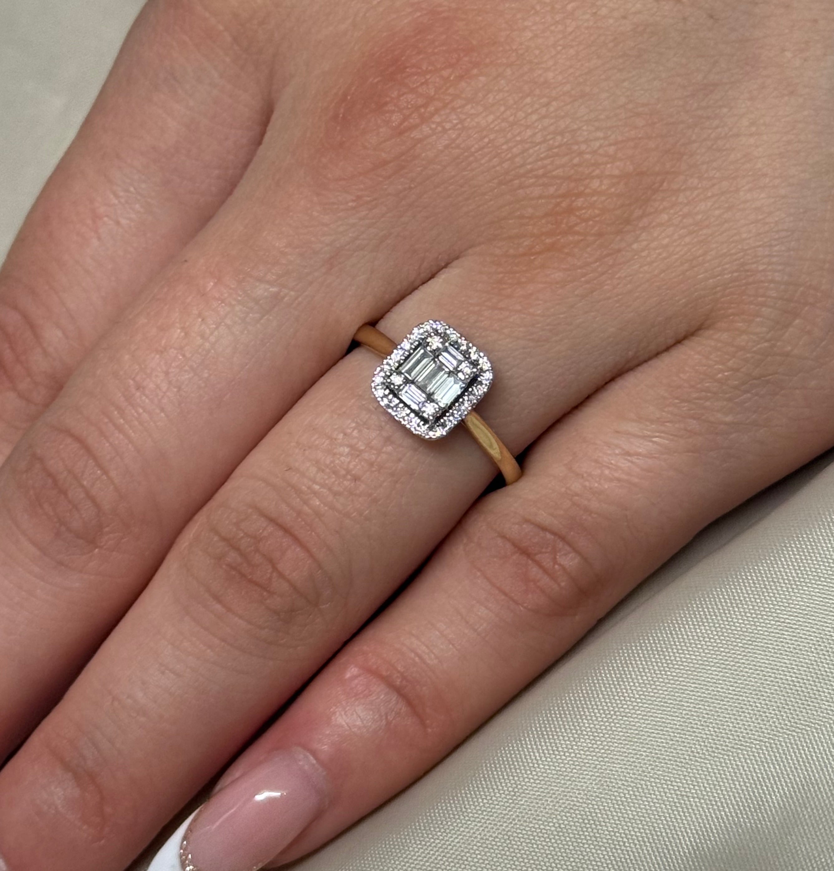 9K Yellow Gold Emerald Cut Cluster Halo Diamond Ring