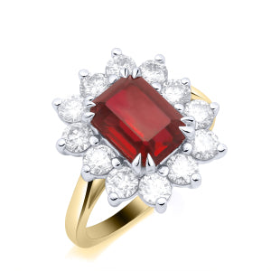 9ct Yellow Gold Lab Grown Emerald Cut Ruby and Diamond Cluster Ring