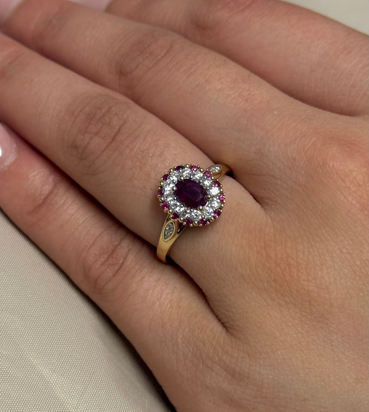 9K Yellow Gold Ruby and Diamond Vintage Style Oval Ring