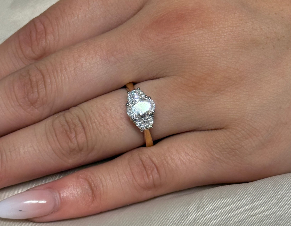18K Yellow Gold 1.4ct Laboratory Grown Oval 3 Stone with Half Moon Side Stones