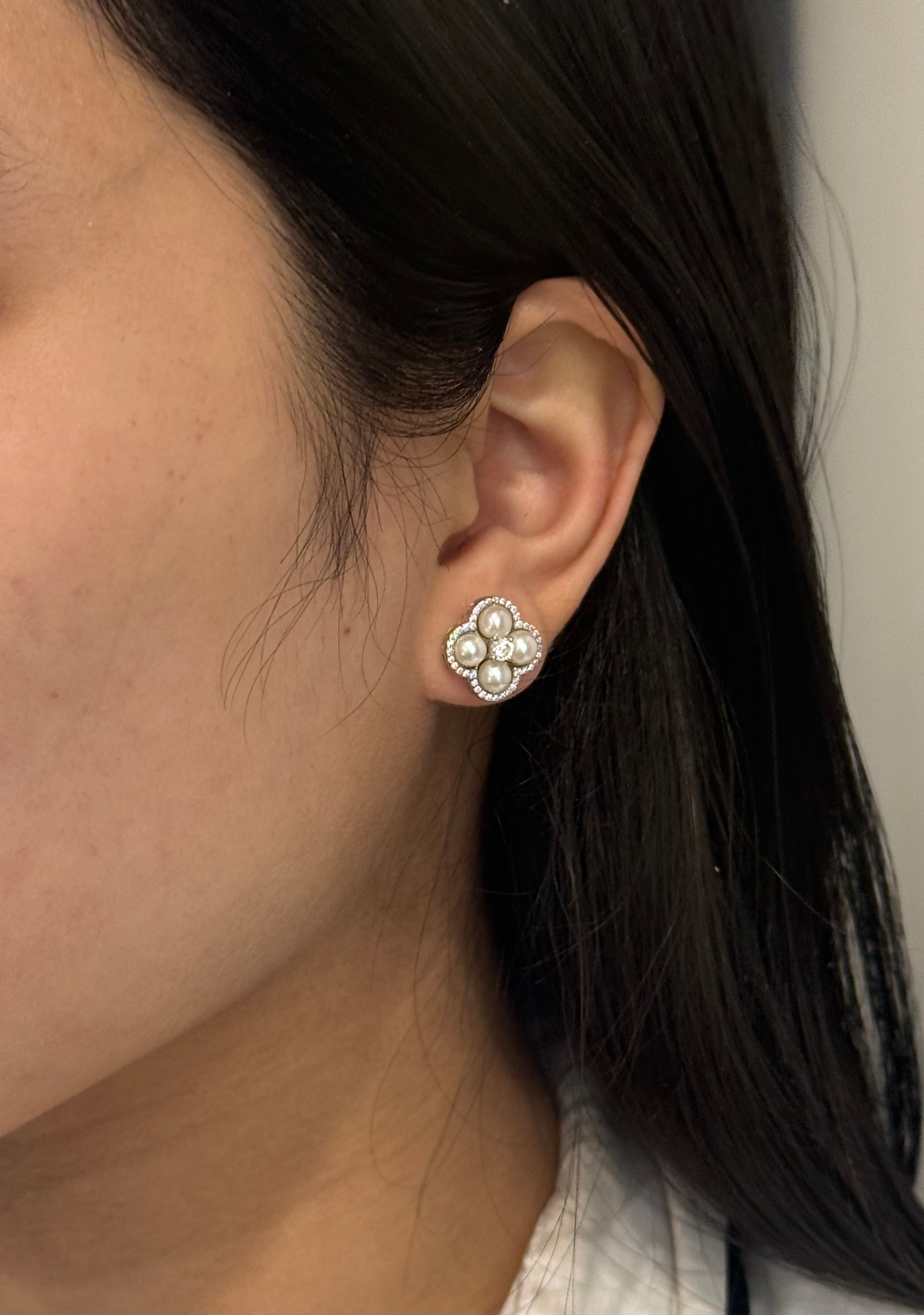 Sterling Silver Clover Style Pearl and Cz Stud Earrings