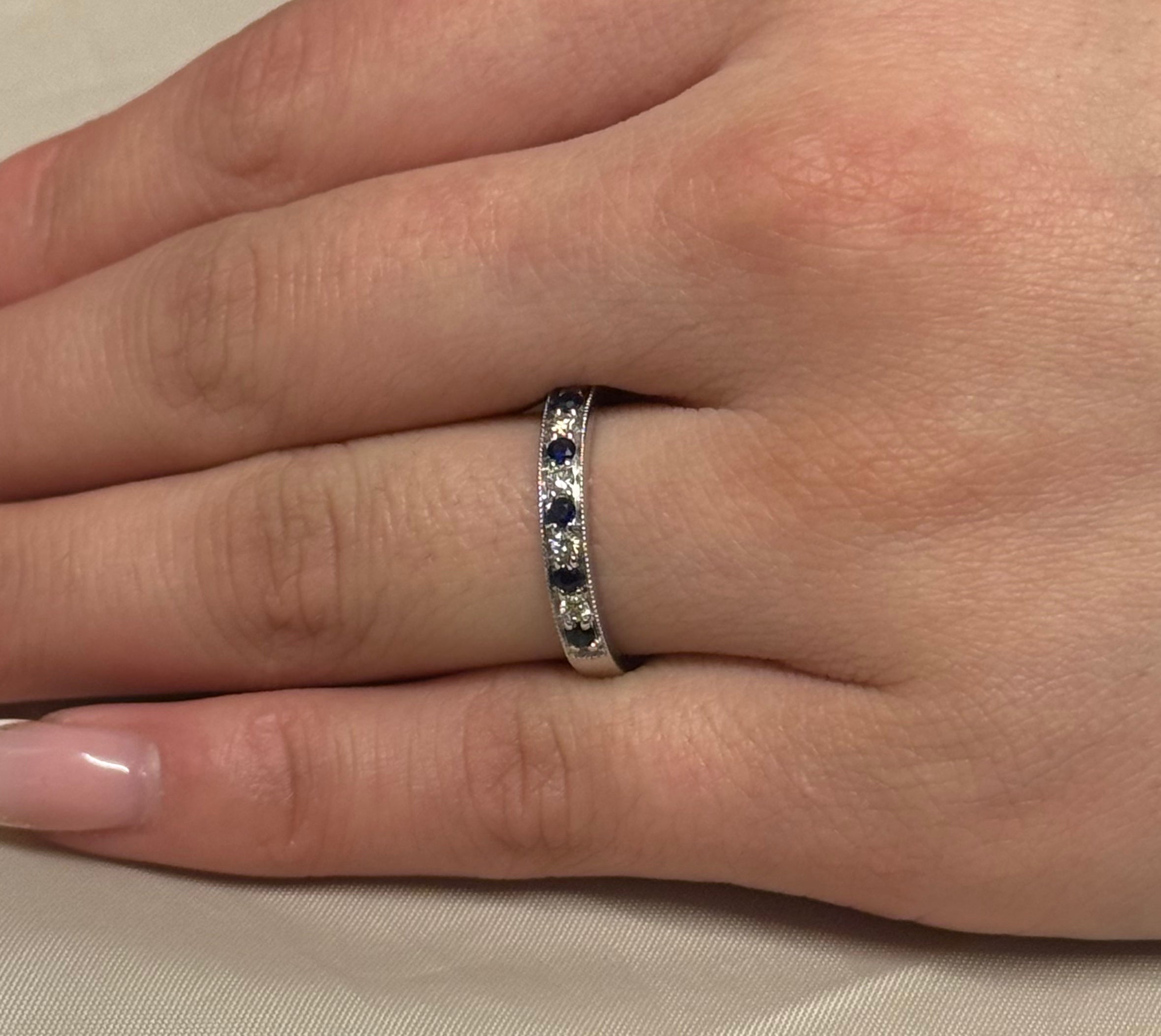 9ct White Gold Milgrain Channel Set Sapphire and Diamond Band