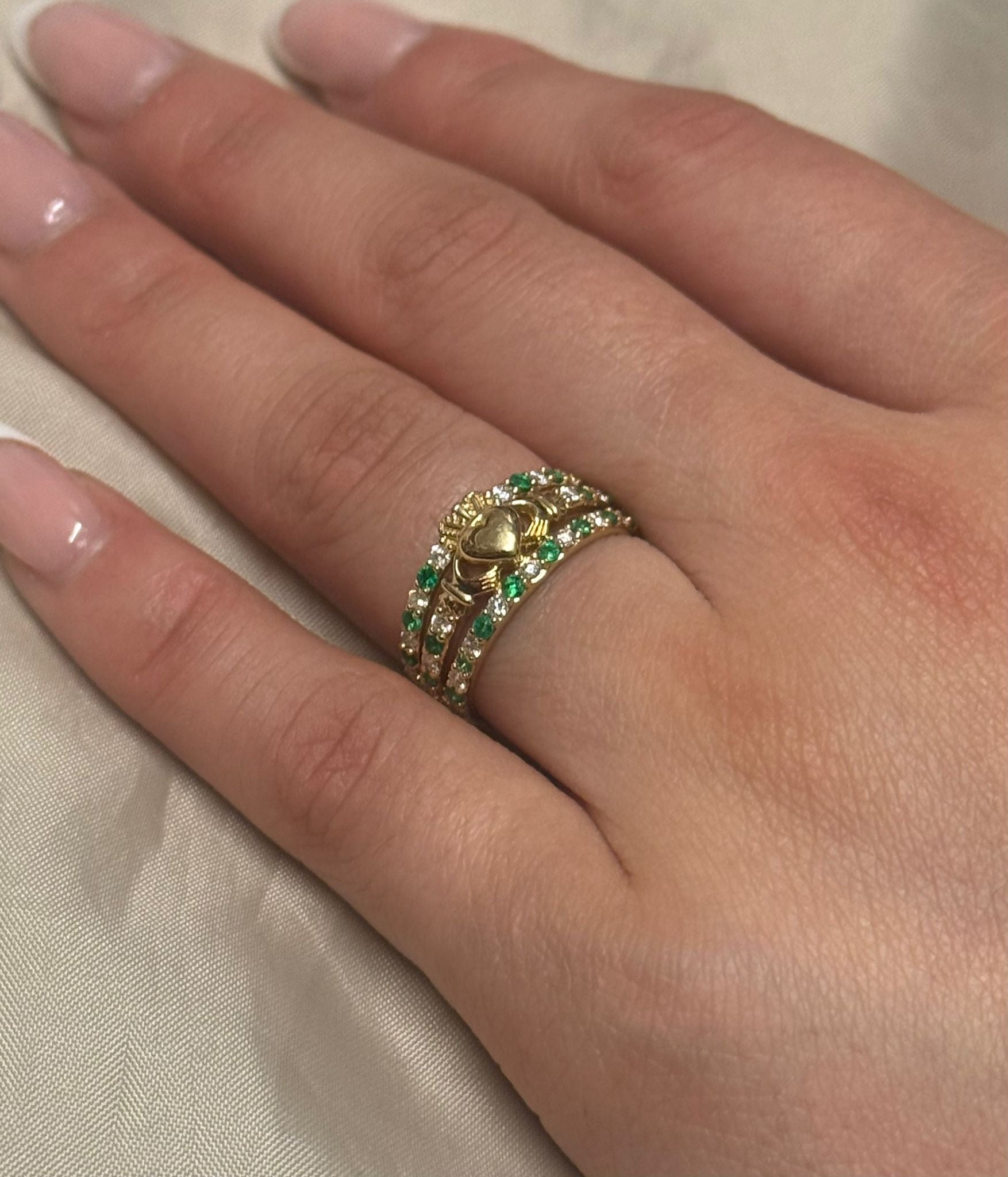 14K Yellow Gold Emerald and Diamond Triple Band Claddagh Ring