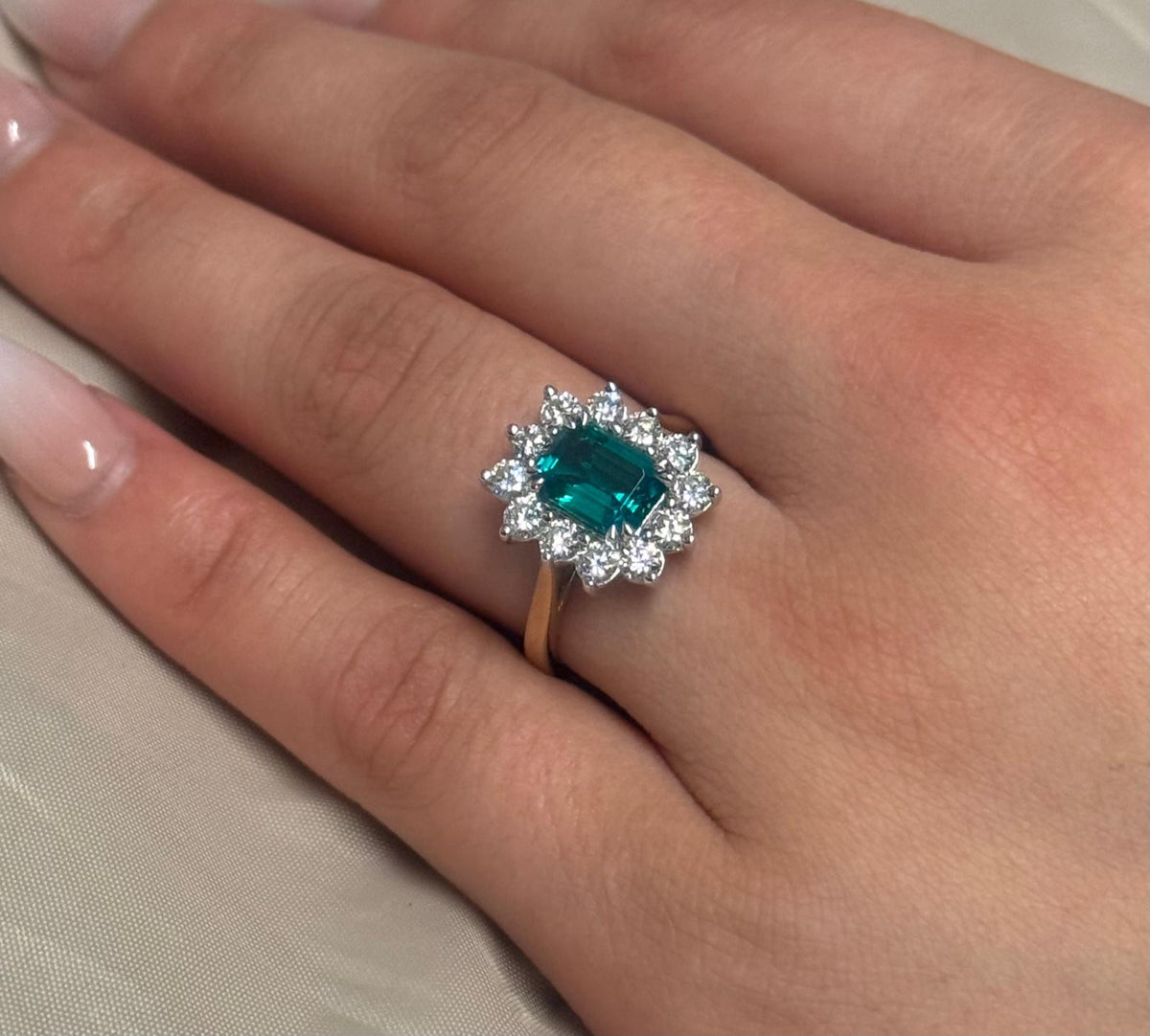 9ct Yellow Gold Lab Grown Emerald Cut Emerald and Diamond Cluster Ring
