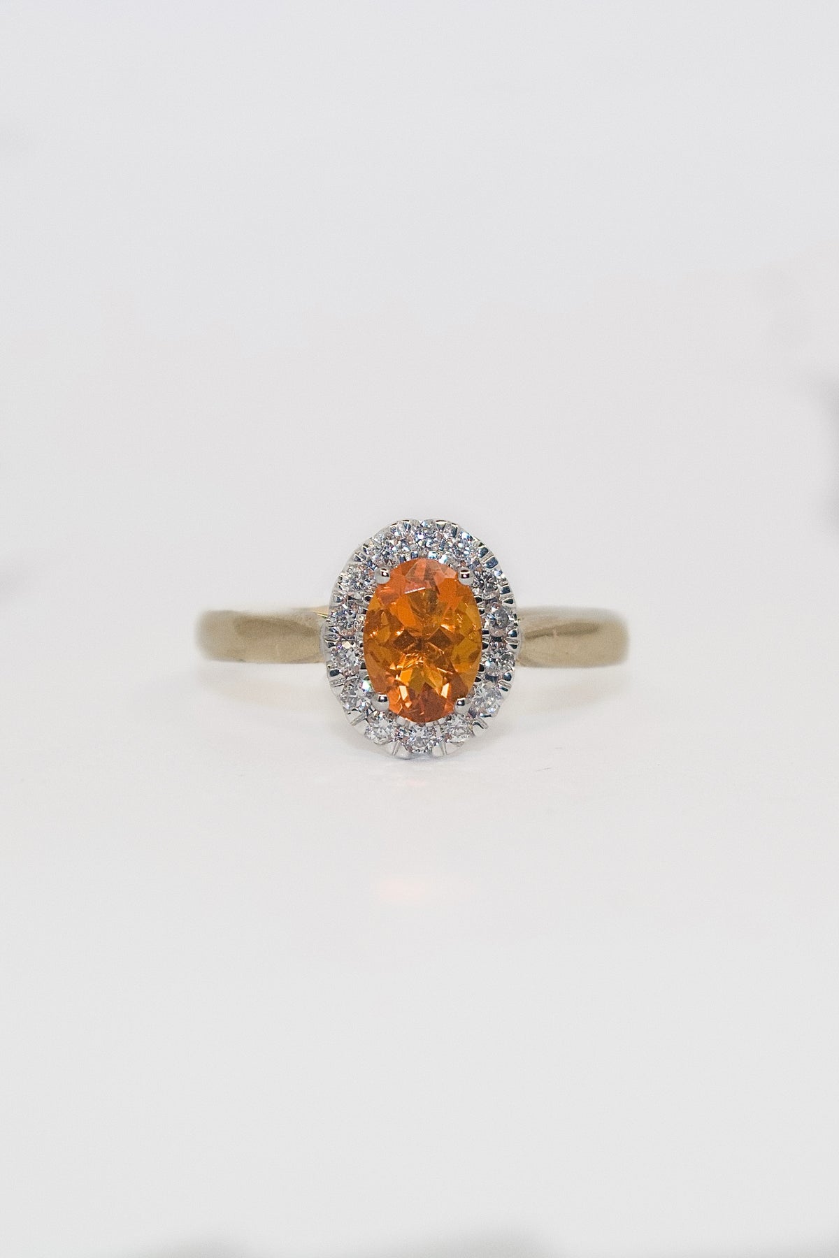 9K Yellow Gold Oval Fire Opal Ring with Diamond Halo