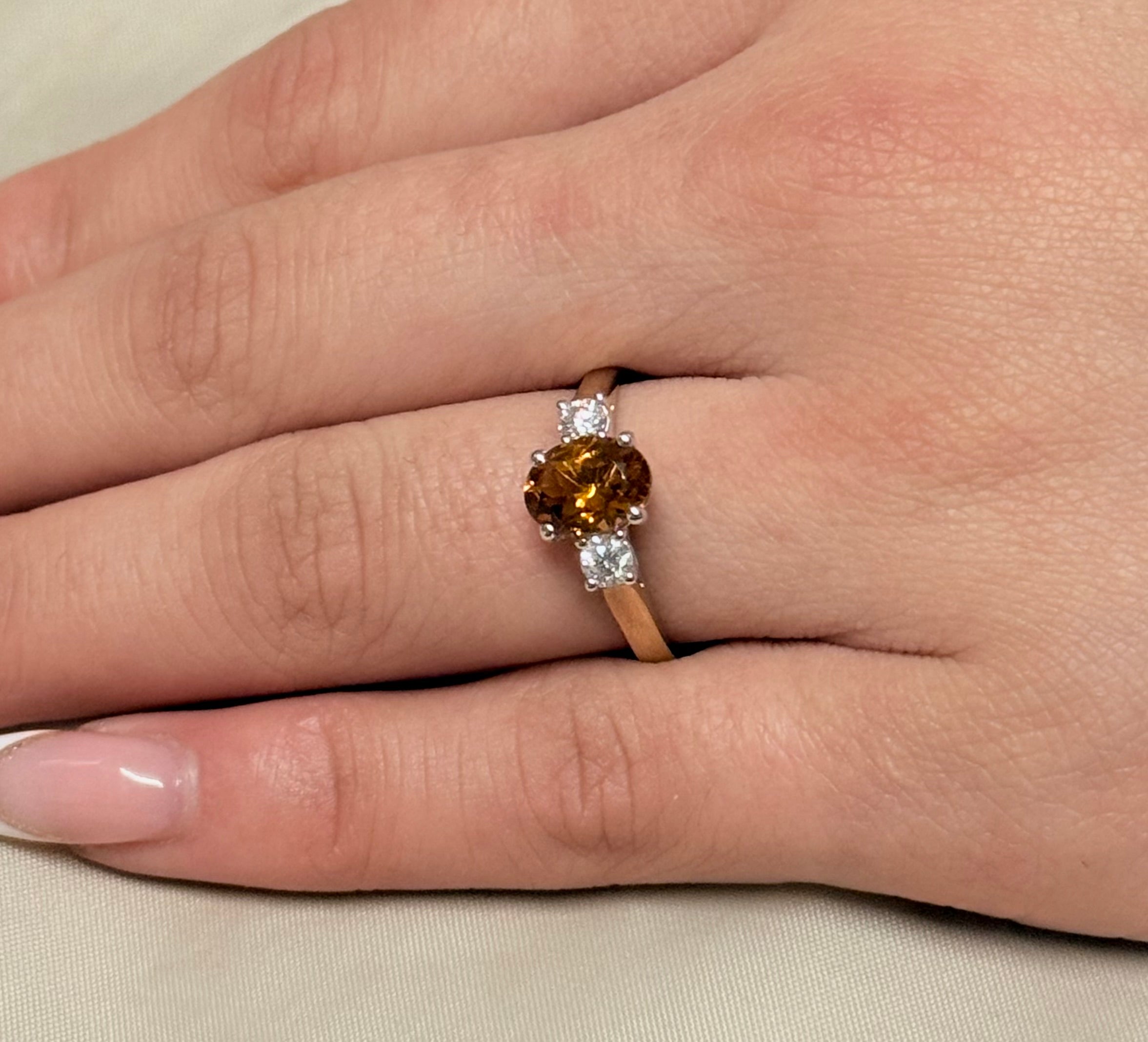 9K Yellow Gold Citrine and Diamond Three Stone Ring