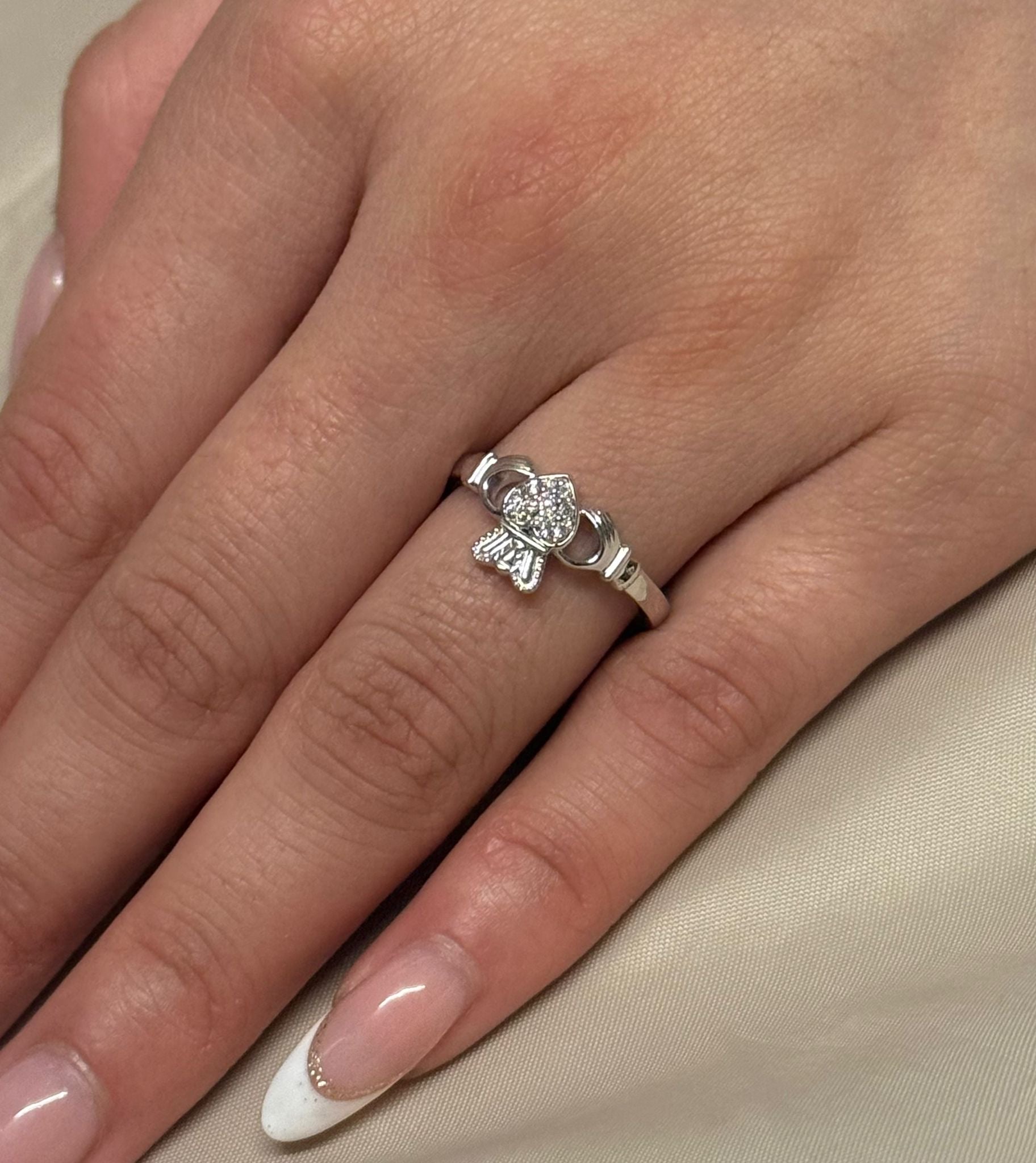 9K White Gold Diamond Heart Claddagh Ring