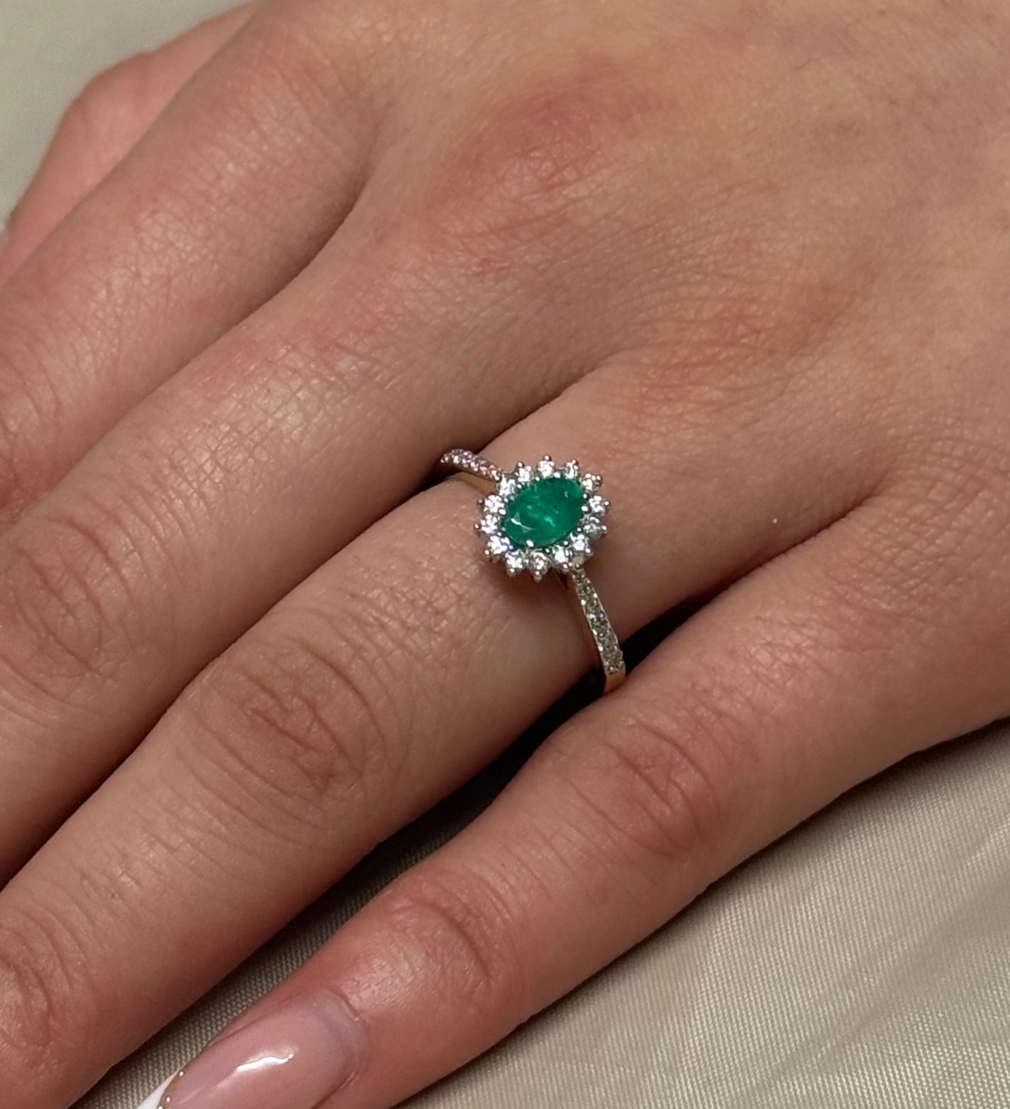 9K Yellow Gold Emerald and Diamond Cluster with Diamond Band