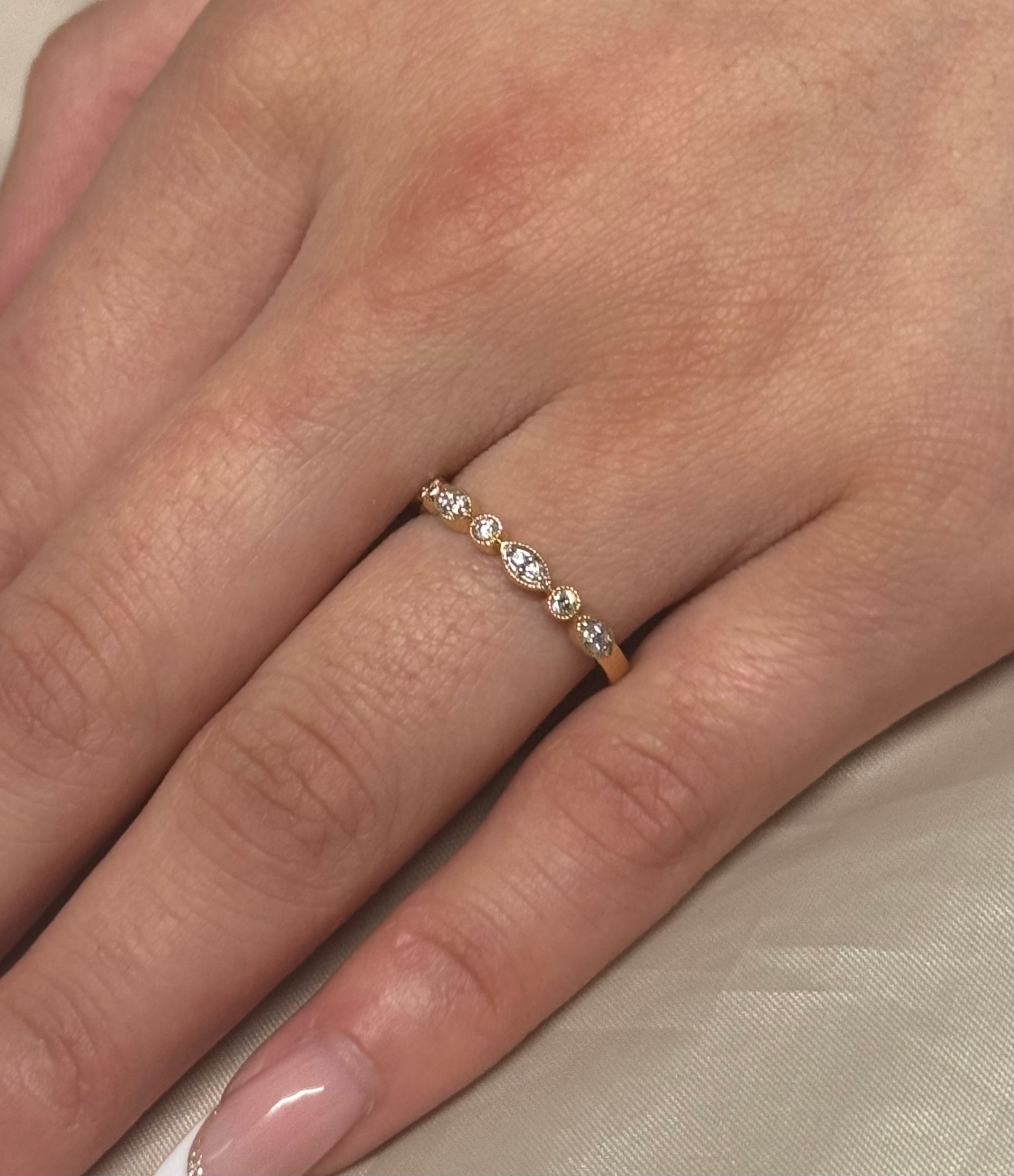 18ct Yellow Gold Marquise & Brilliant Grain Set Diamond Band