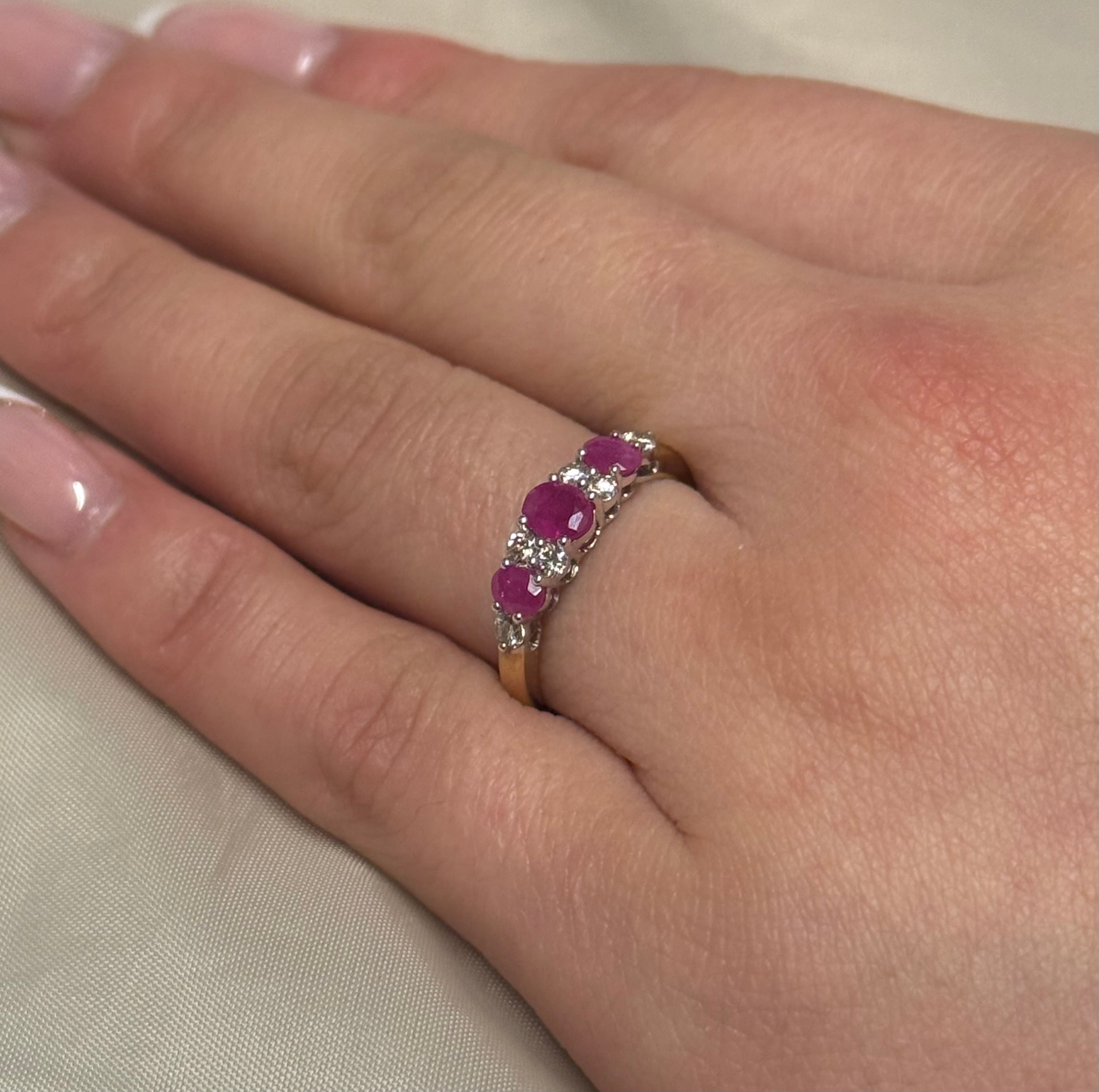 9K Yellow Gold Three Stone Ruby with Diamond Accents