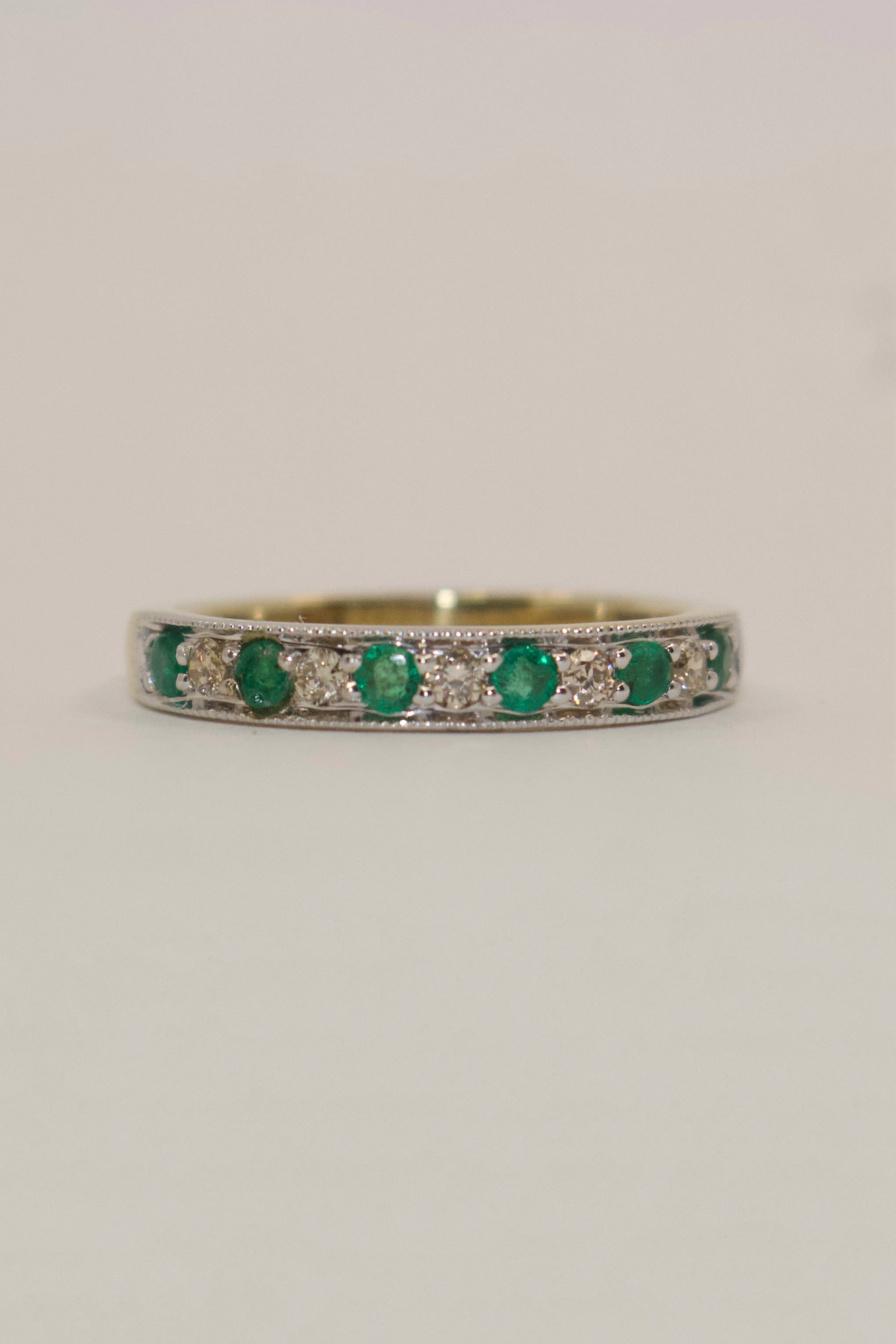9K Yellow Gold Milgrain Channel Set Emerald and Diamond Band