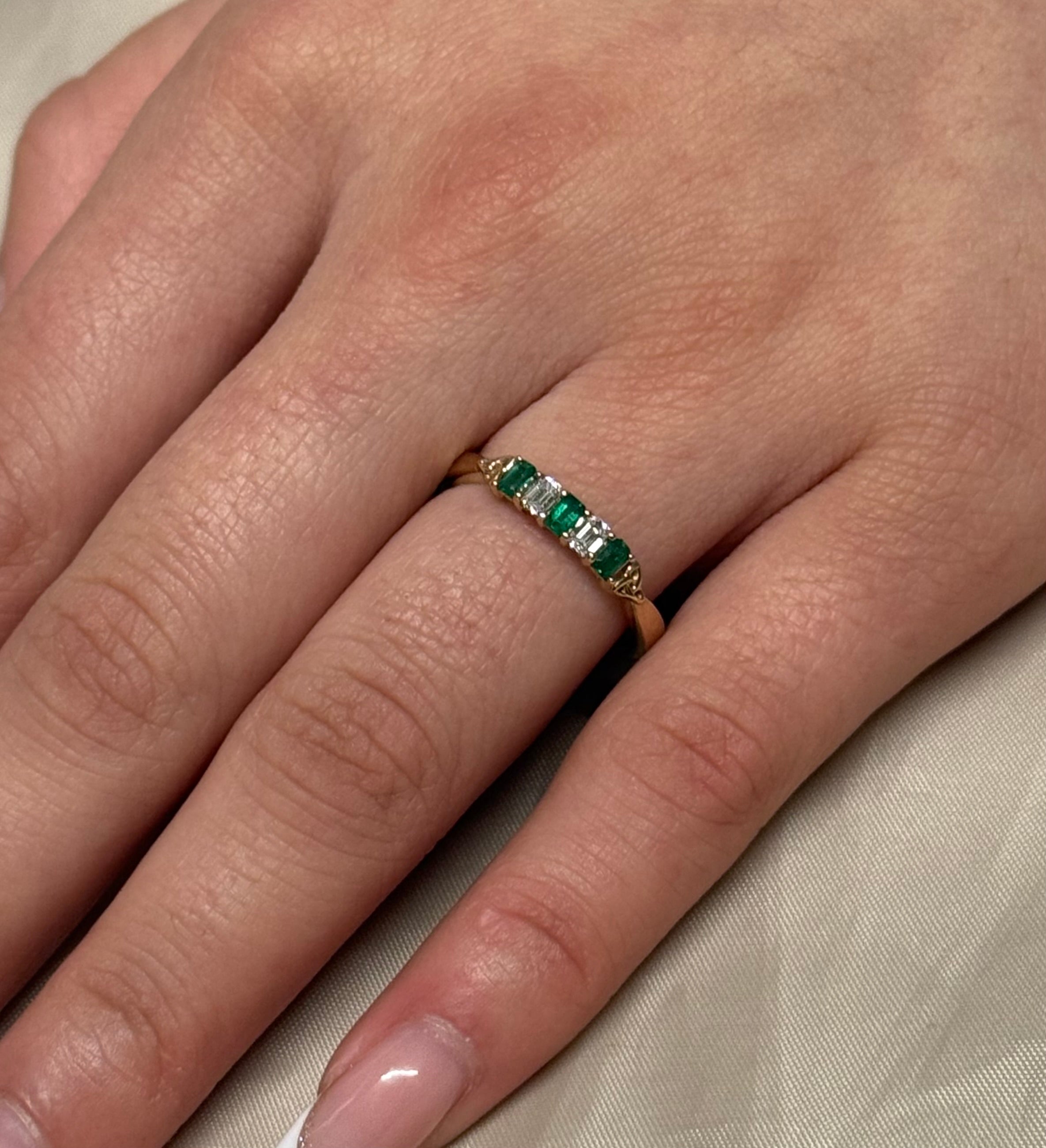 9K Yellow Gold Five Stone Emerald Cut Laboratory Grown Emerald and Diamond Ring with Trinity Accent