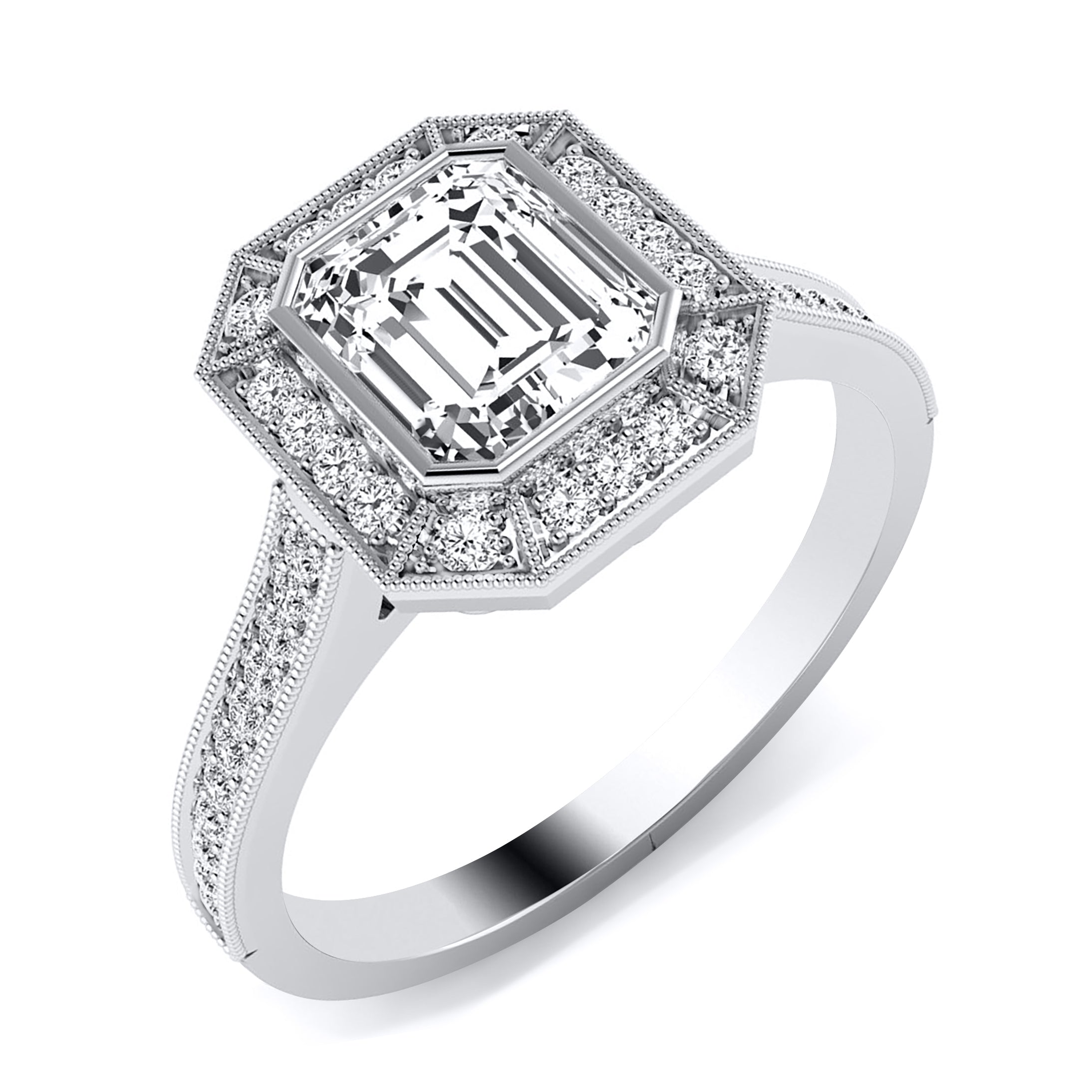 18K White Gold Emerald Cut Halo with Diamond Band