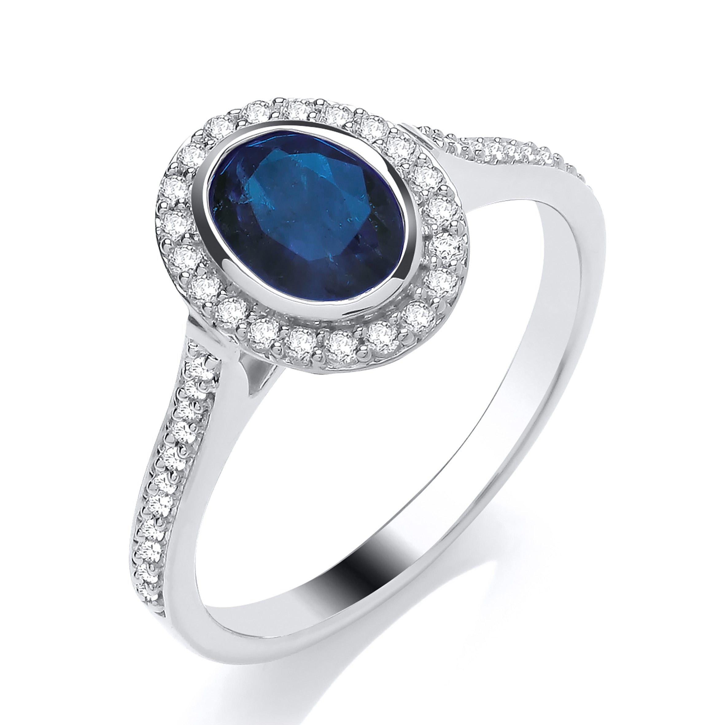 9ct White Gold Oval Sapphire and Diamond Halo Ring