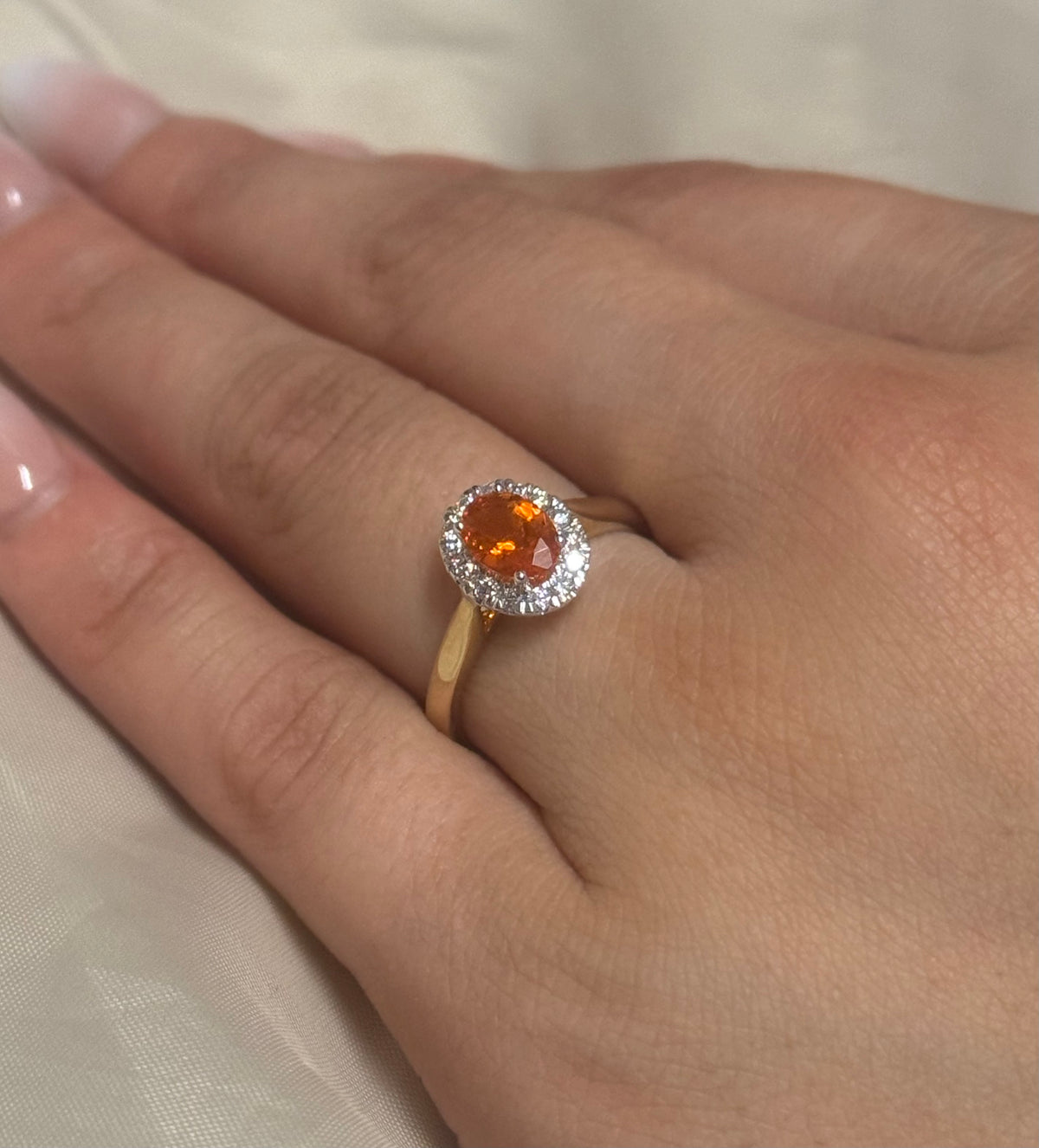 9K Yellow Gold Oval Fire Opal Ring with Diamond Halo