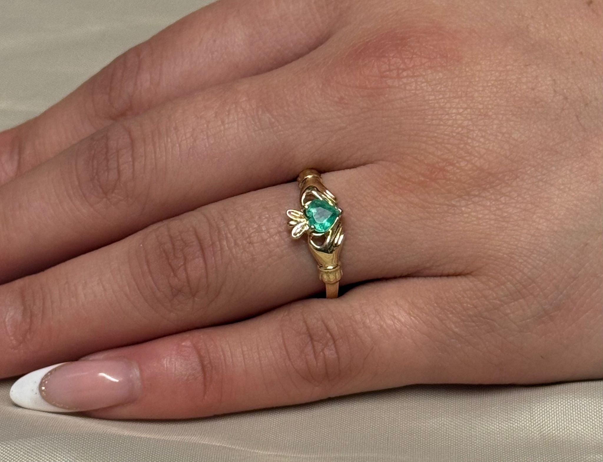 9K Yellow Gold Emerald Heart Claddagh Ring
