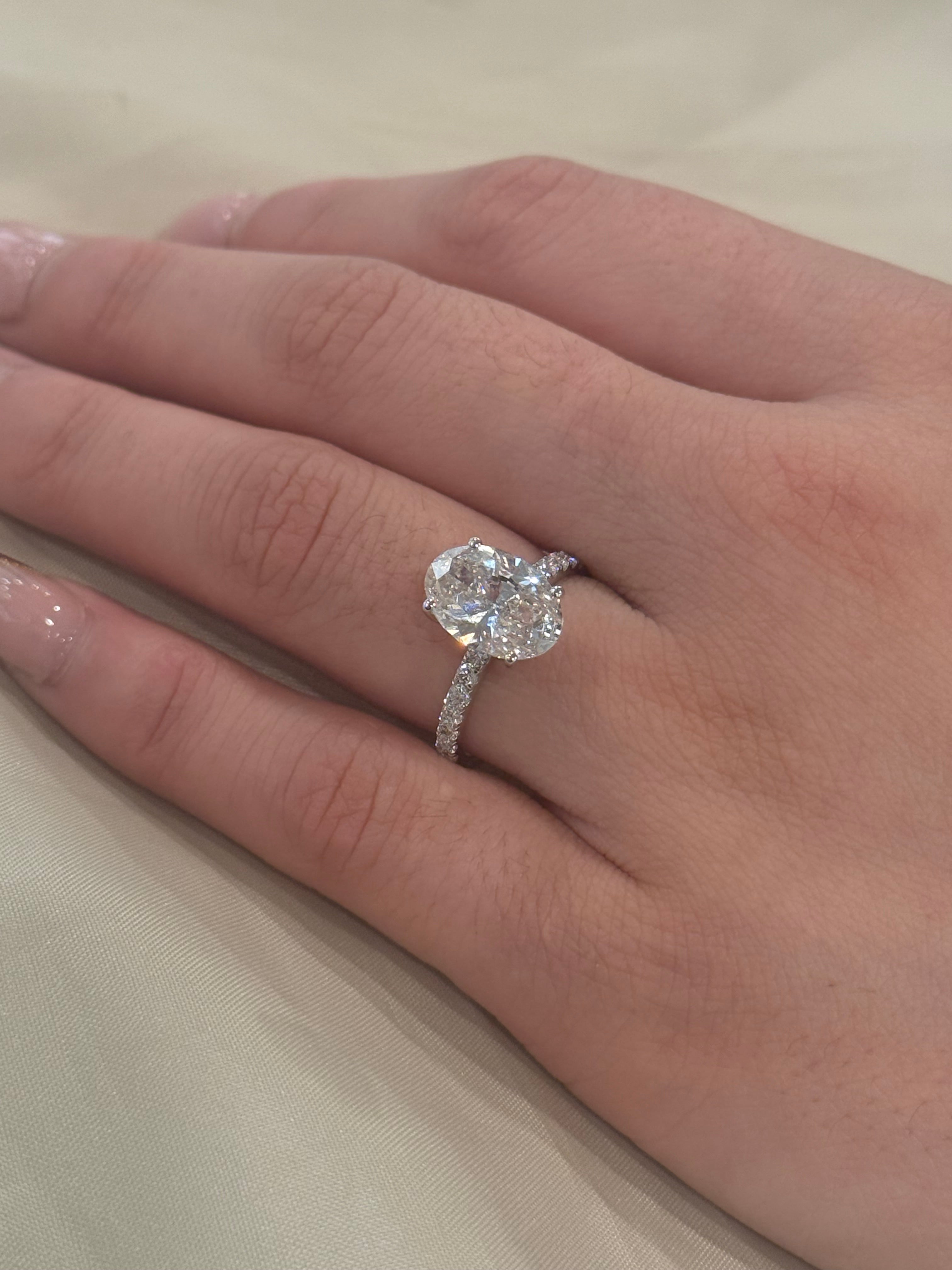 9K White Gold 3.40ct Oval Laboratory Grown Solitaire with Hidden Halo and Diamond Band