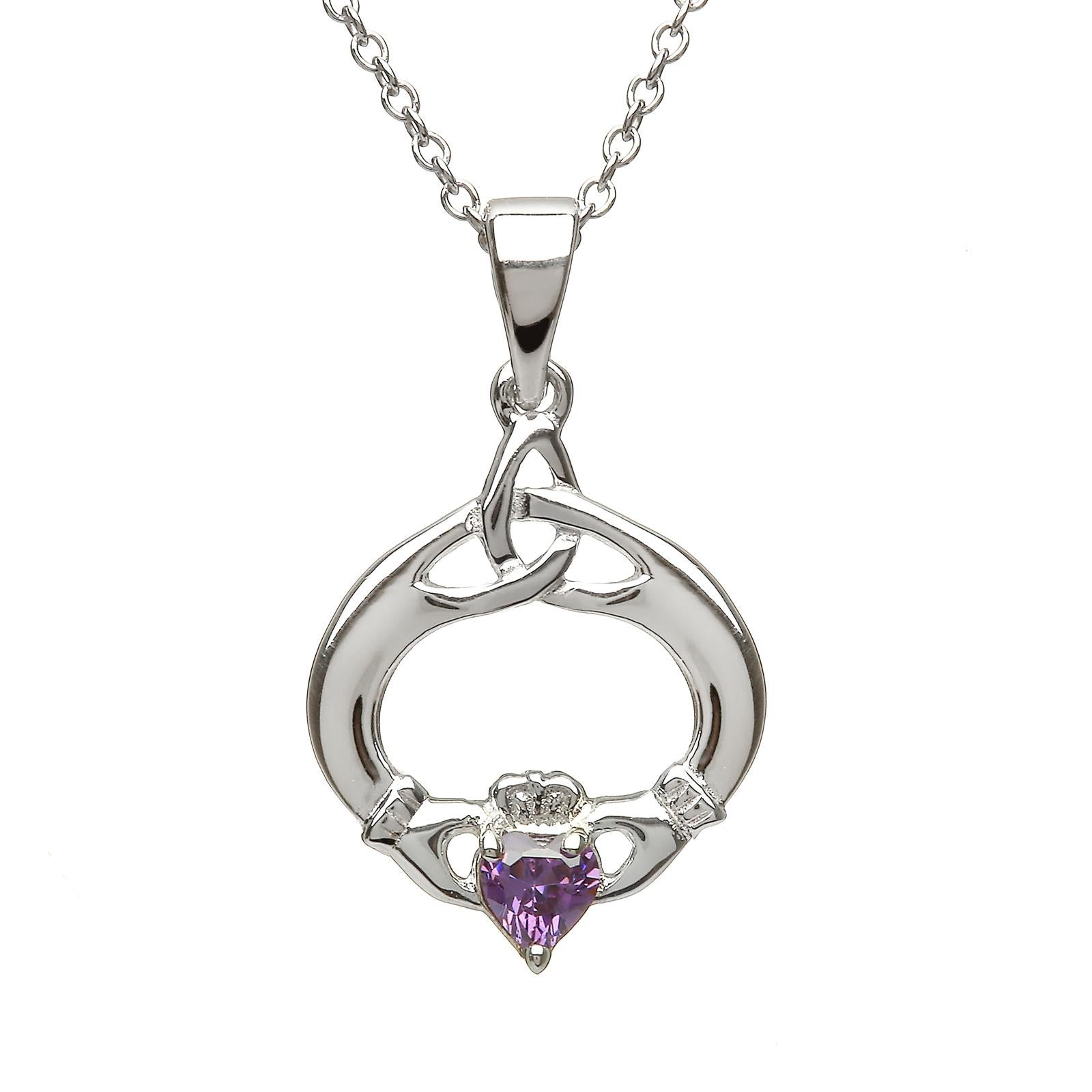 Sterling Silver February Birthstone Claddagh Pendant