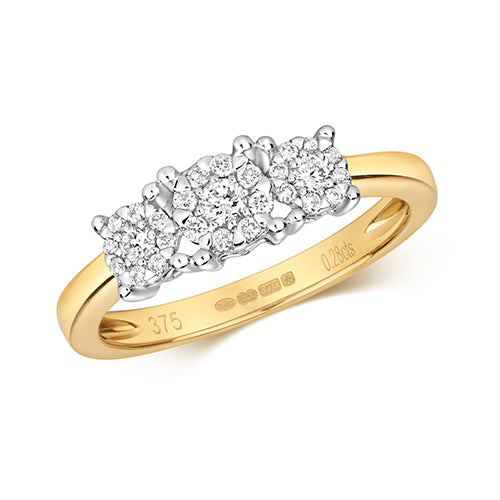 9K Yellow Gold Three Stone Diamond Illusion Ring