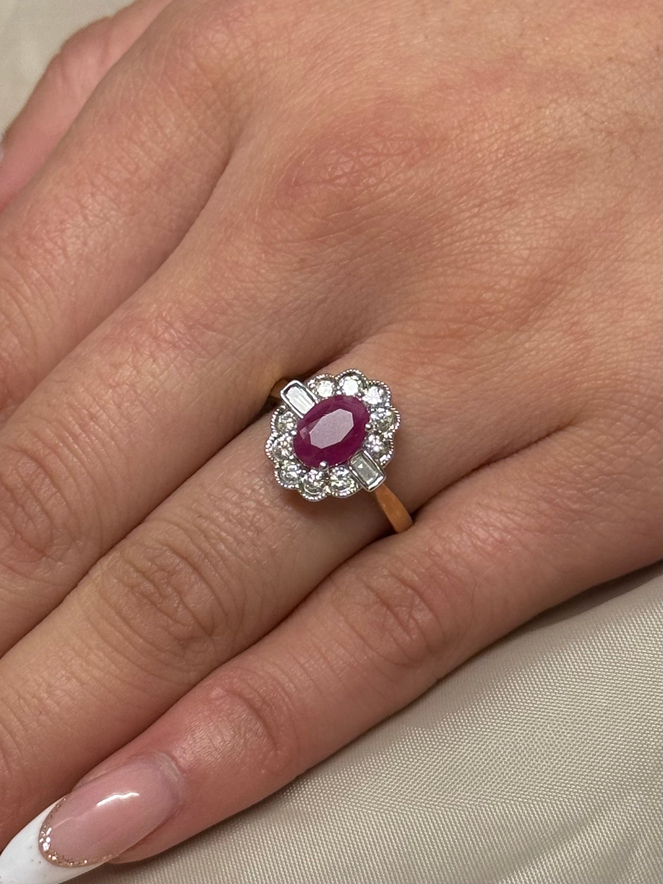 9K Yellow Gold Oval Ruby and Diamond Cluster with Baguette Side Stones