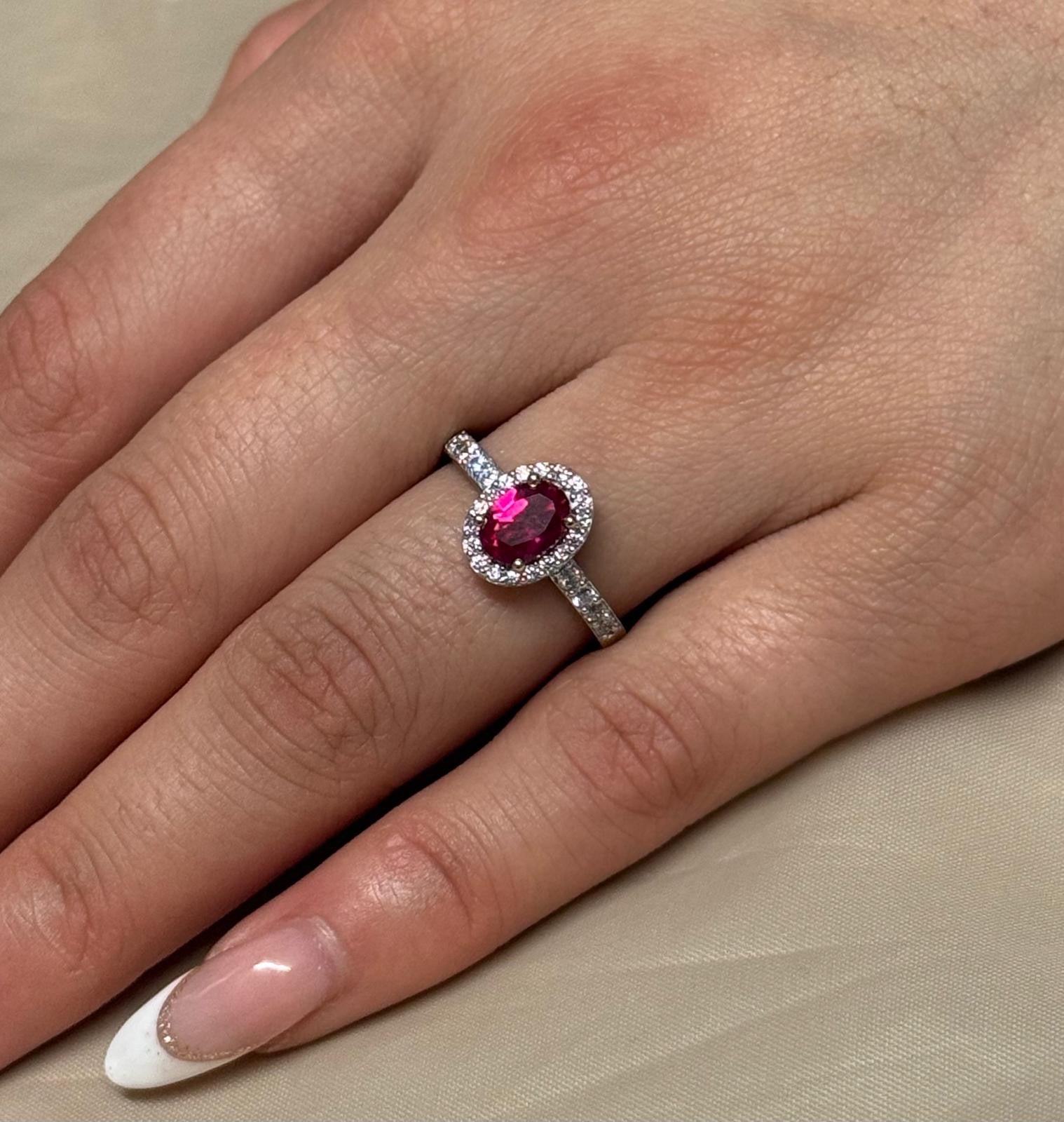 9K Yellow Gold Oval Red Stone Ring with CZ Halo and Band
