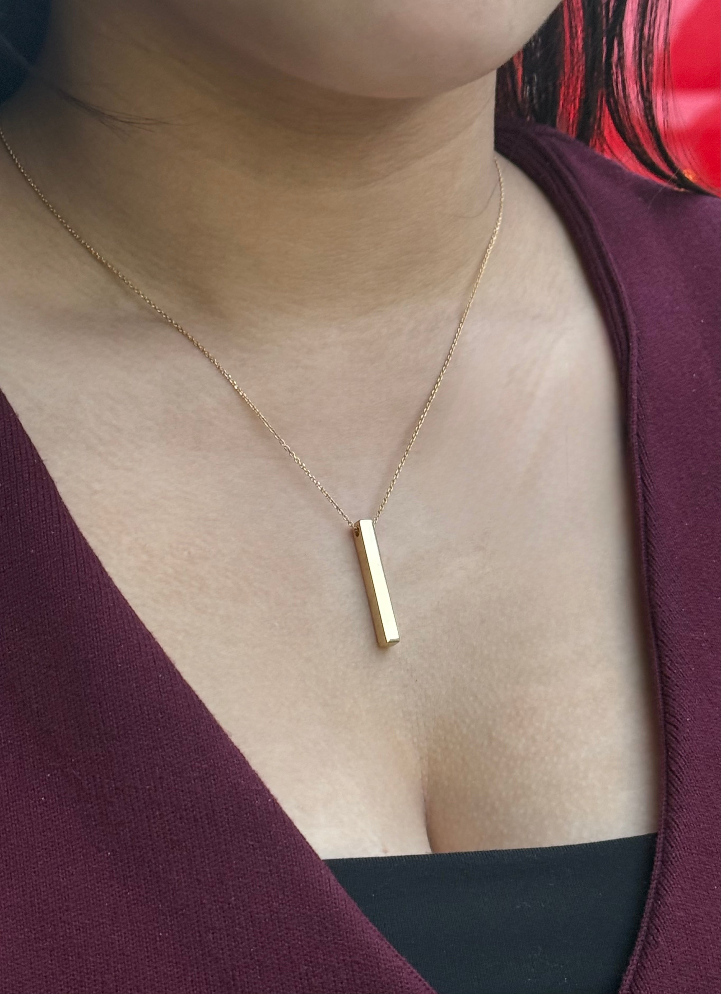 Gold Plated Sterling Silver Engravable Vertical Cube Bar Necklace