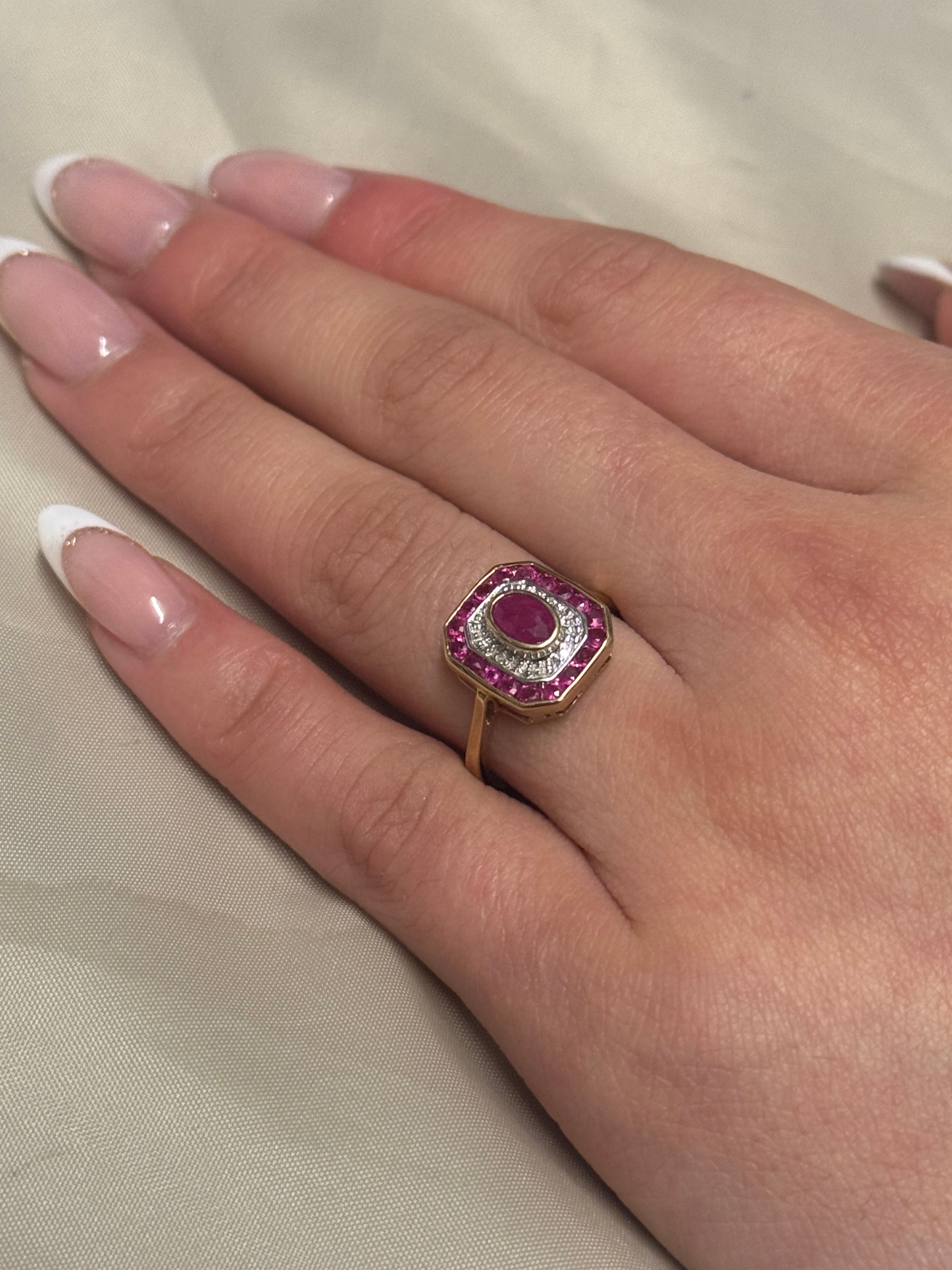 9K Yellow Gold Art Deco Style Ruby and Diamond Ring