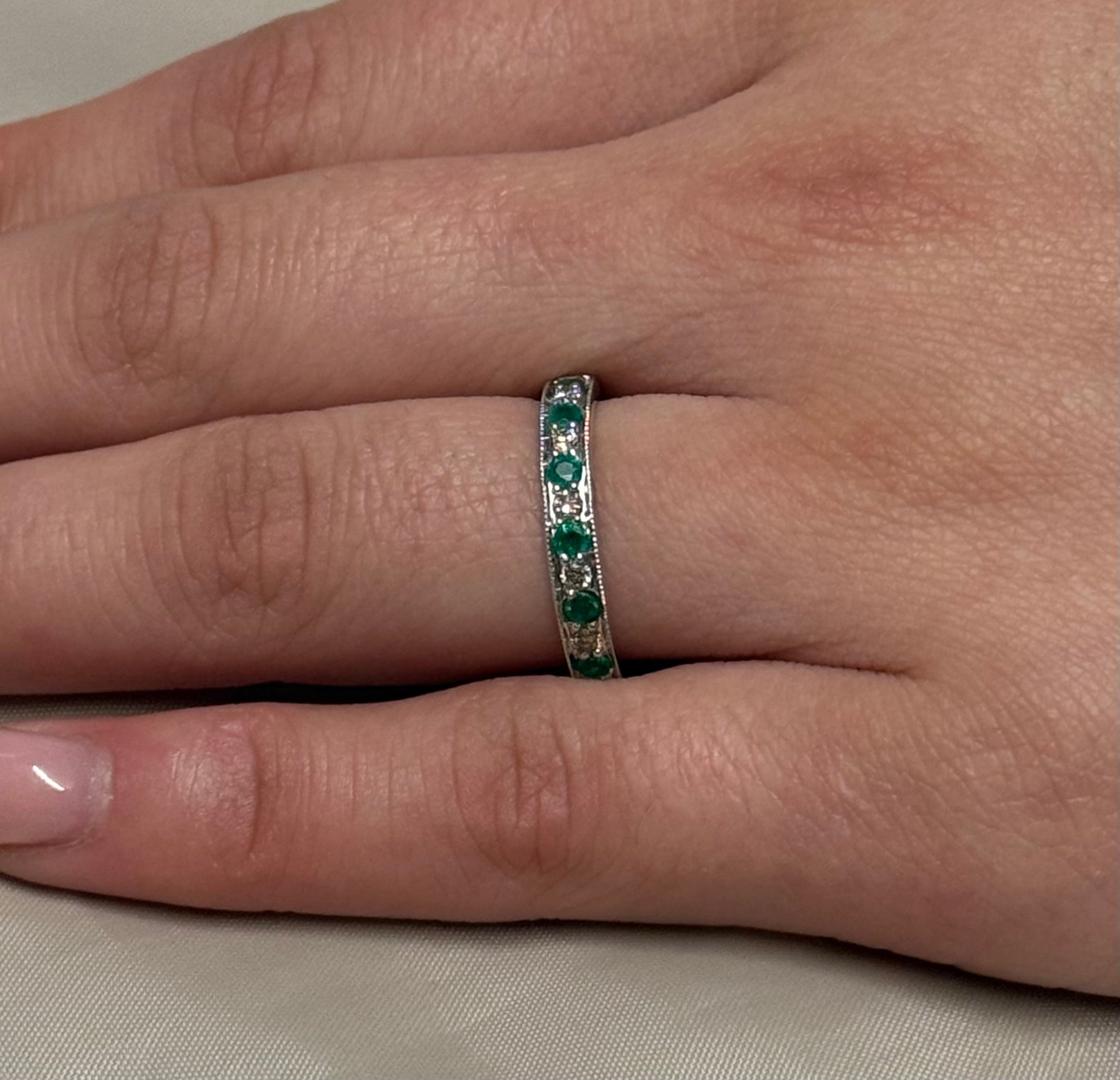 9K Yellow Gold Milgrain Channel Set Emerald and Diamond Band