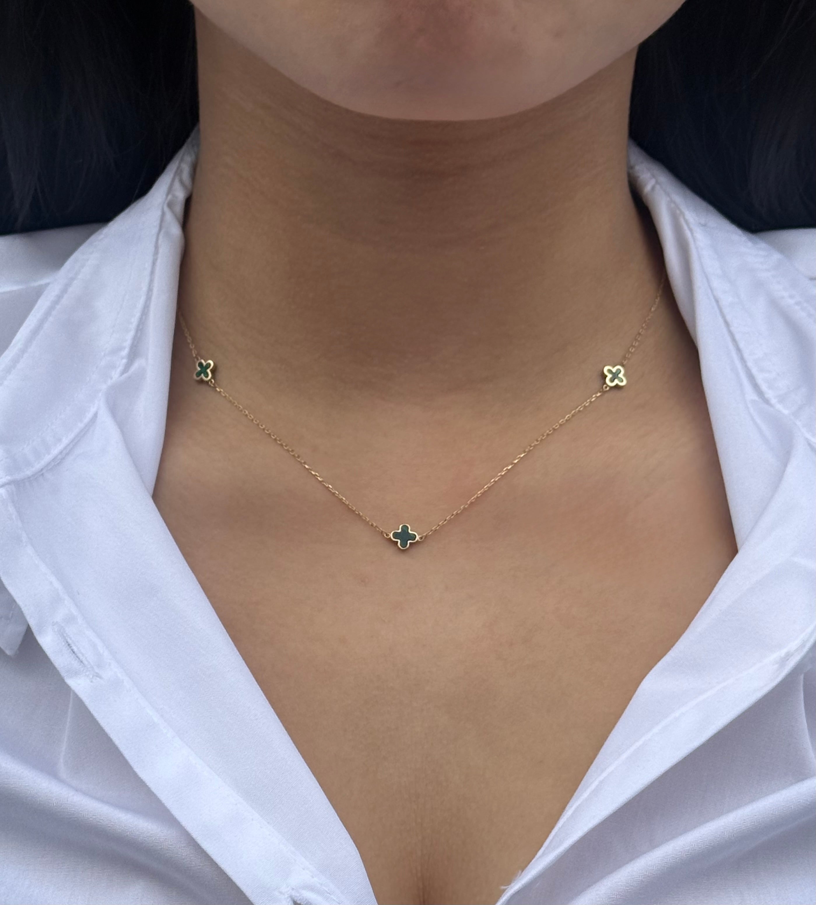 9ct Yellow Gold Malachite Clovers Necklace
