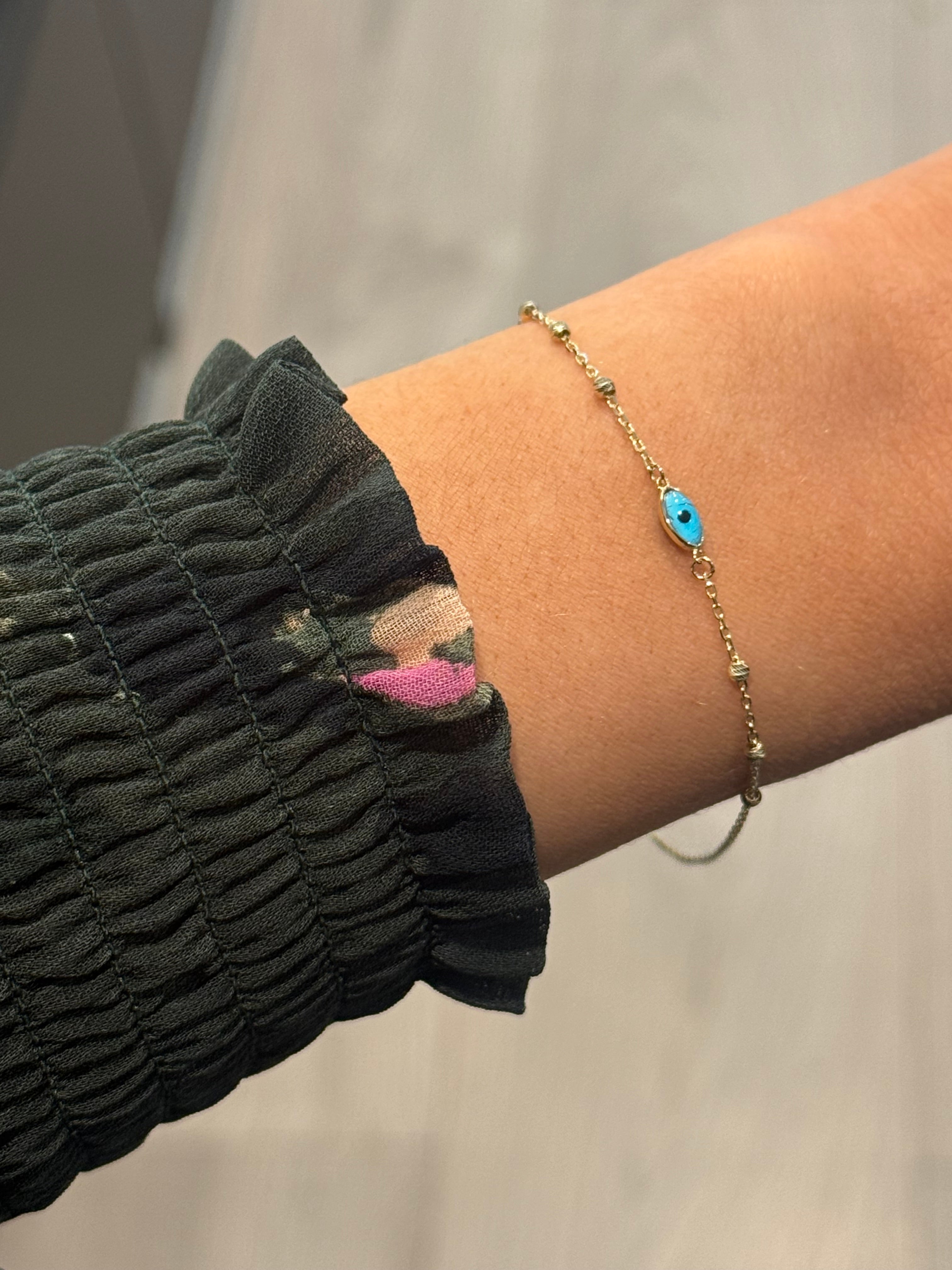 9ct Yellow Gold Blue Evil Eye Beaded Bracelet