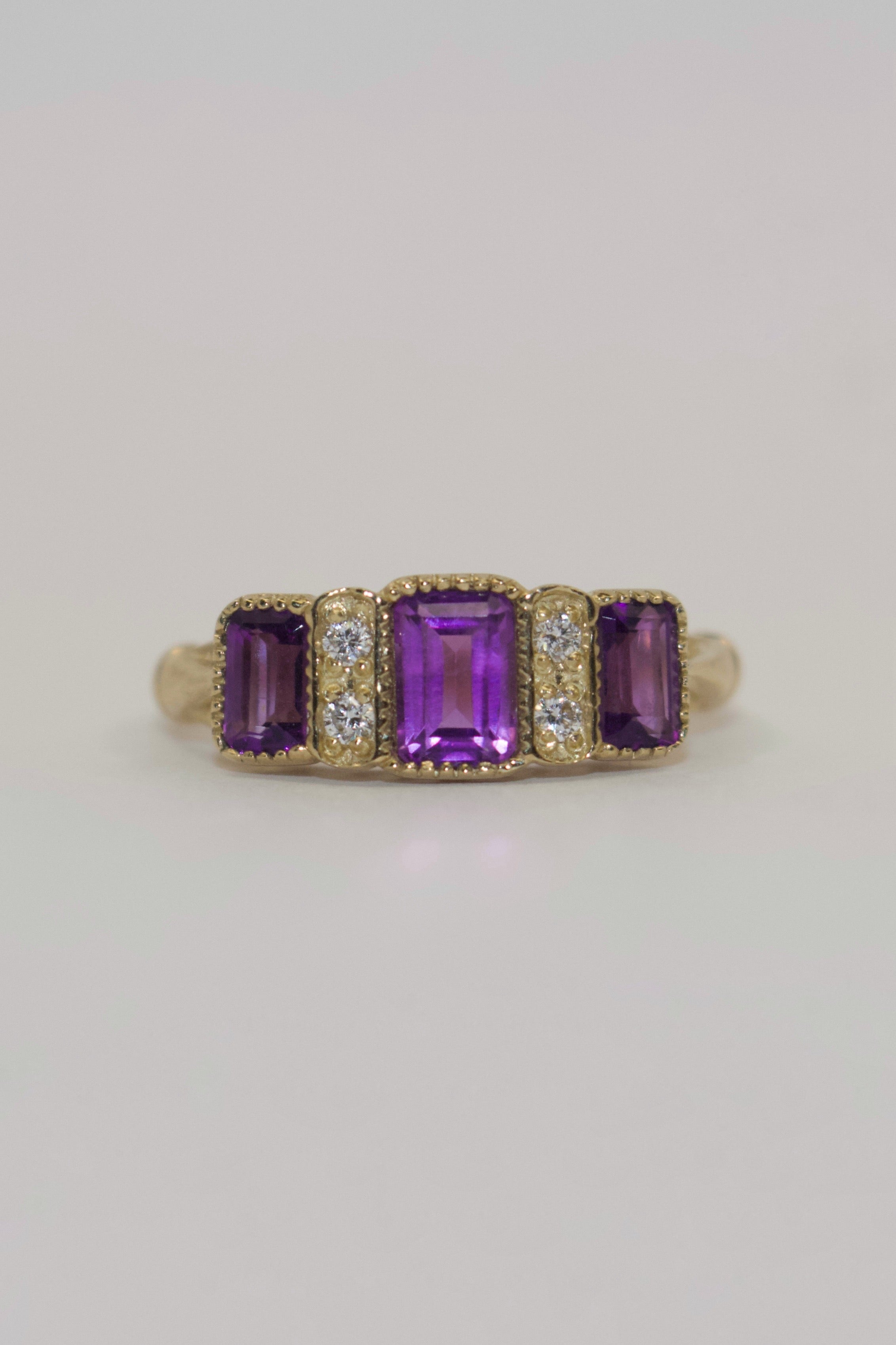 9K Yellow Gold Vintage Style Amethyst and Diamond Three Stone