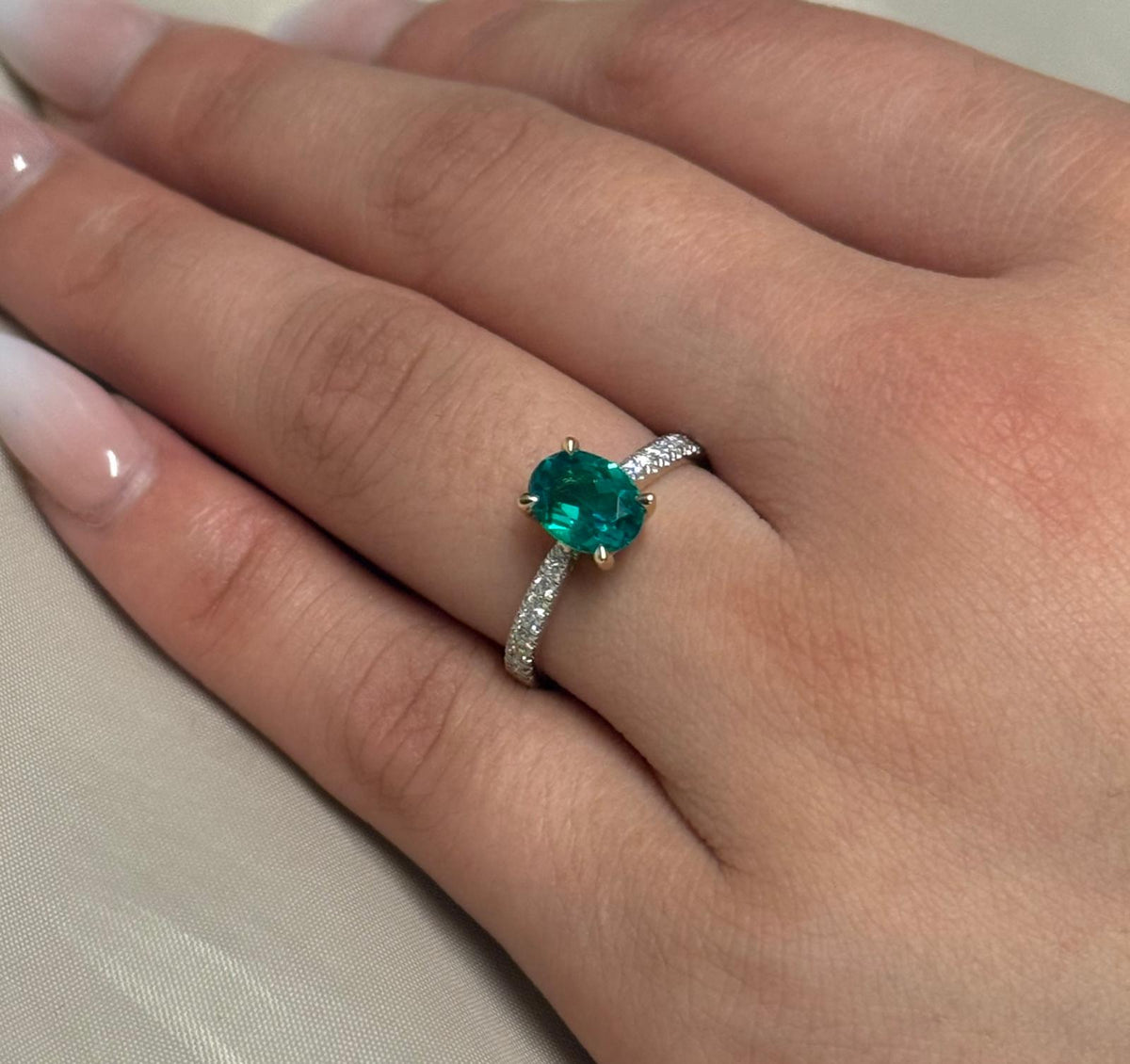 9ct Yellow Gold Lab Grown Oval Cut Emerald with Diamond Band