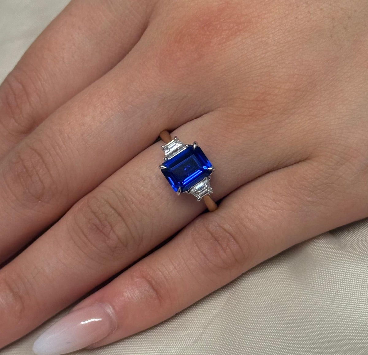 9ct Yellow Gold Lab-Grown Emerald Cut Sapphire with Trapezoid Diamond Shoulders