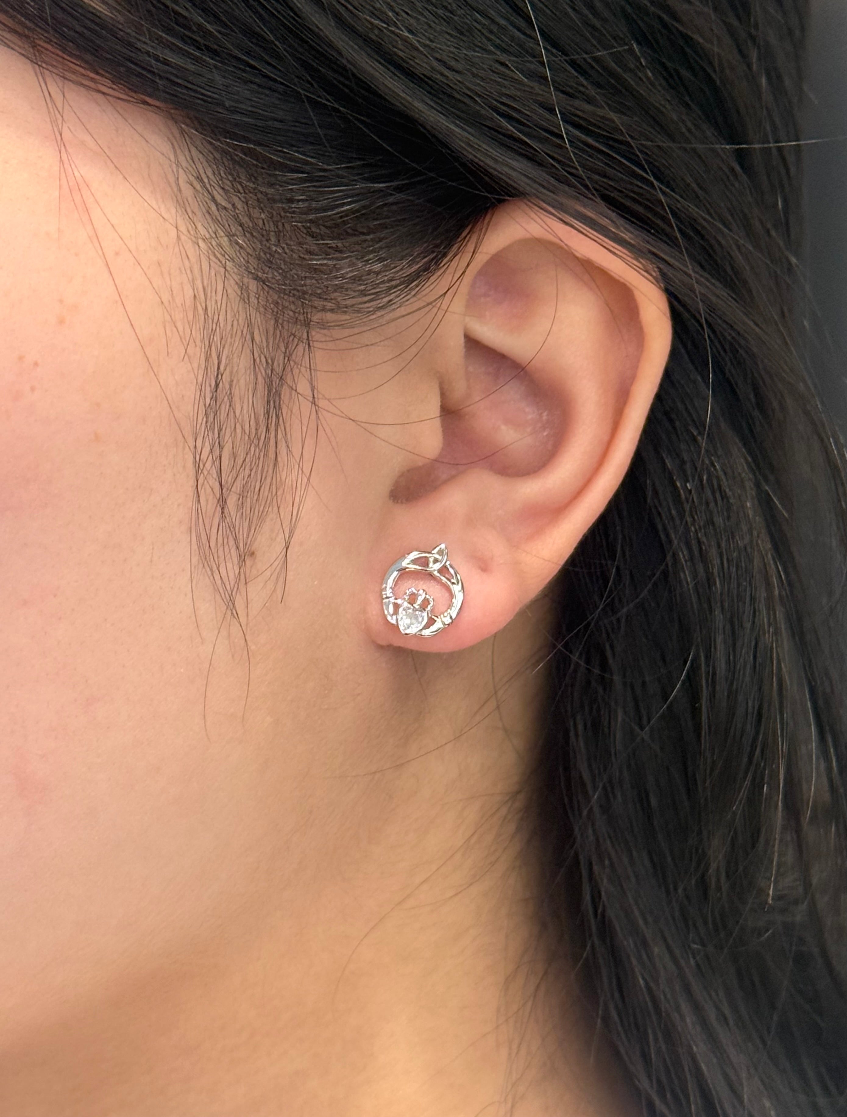 Sterling Silver April Birthstone Claddagh Earrings