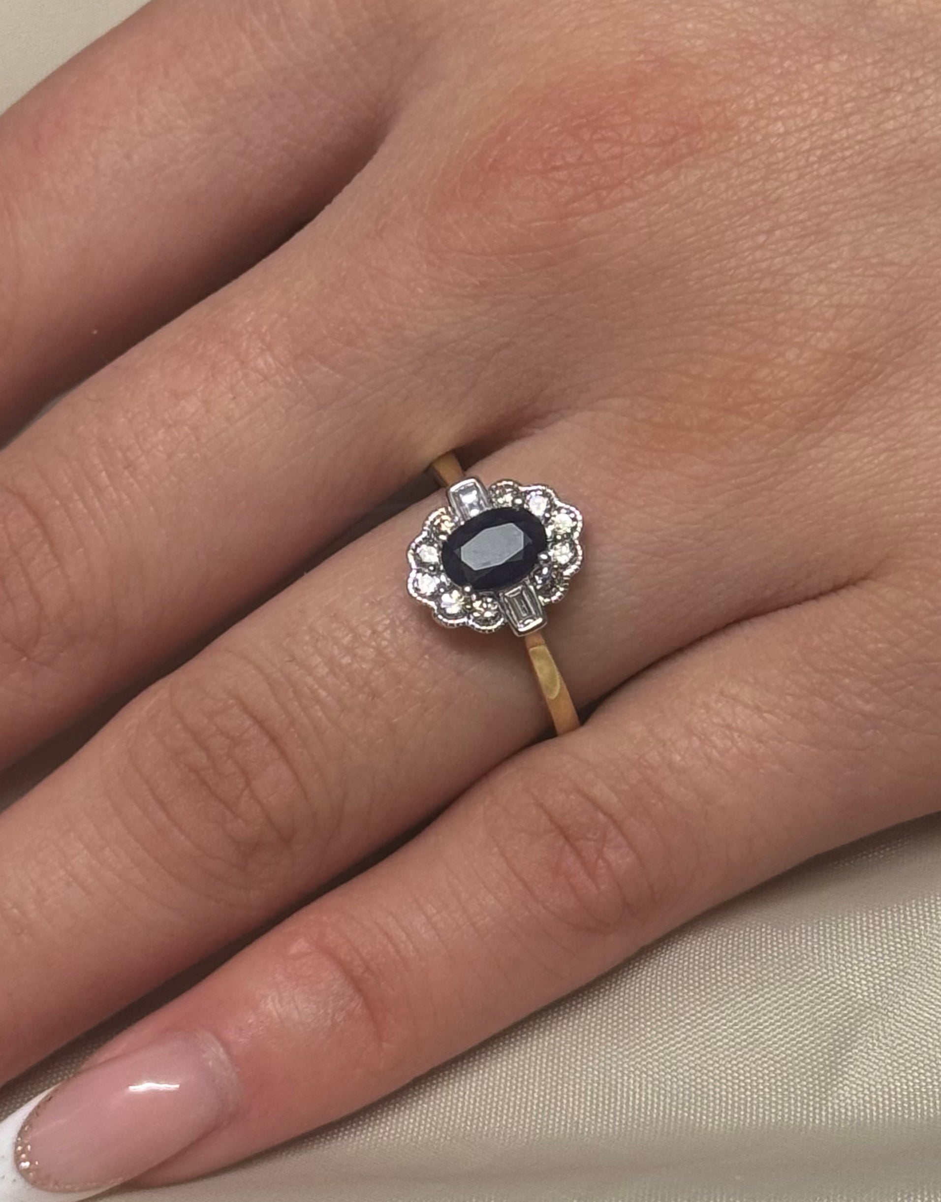 9ct Yellow Gold Oval Sapphire and Diamond Cluster with Baguette side stones