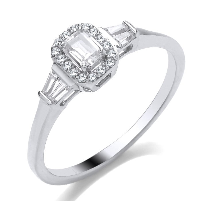 9K White Gold Emerald Cut and Baguette Diamond Cluster with Halo