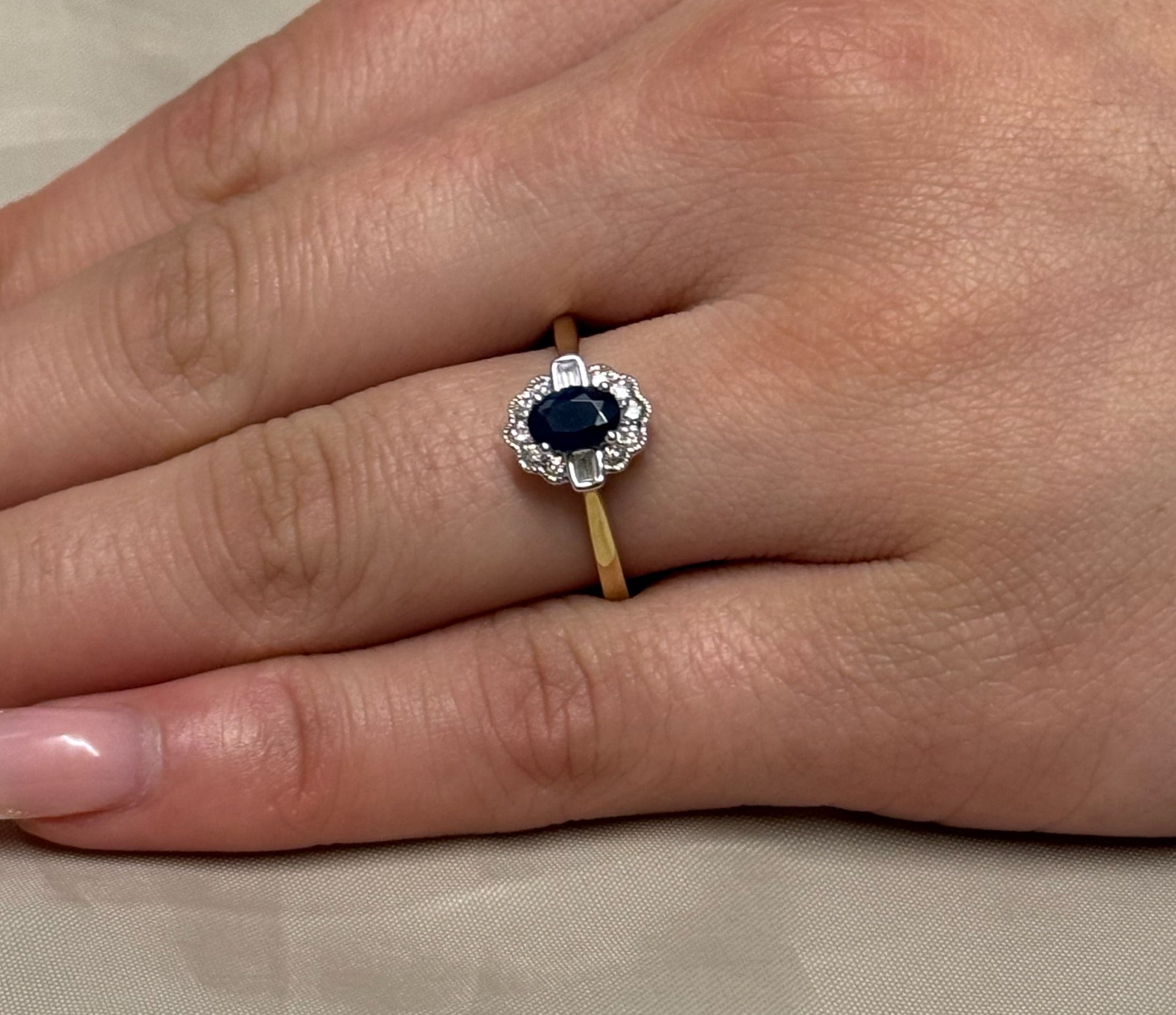 9ct Yellow Gold Sapphire and Diamond Vintage Style Ring