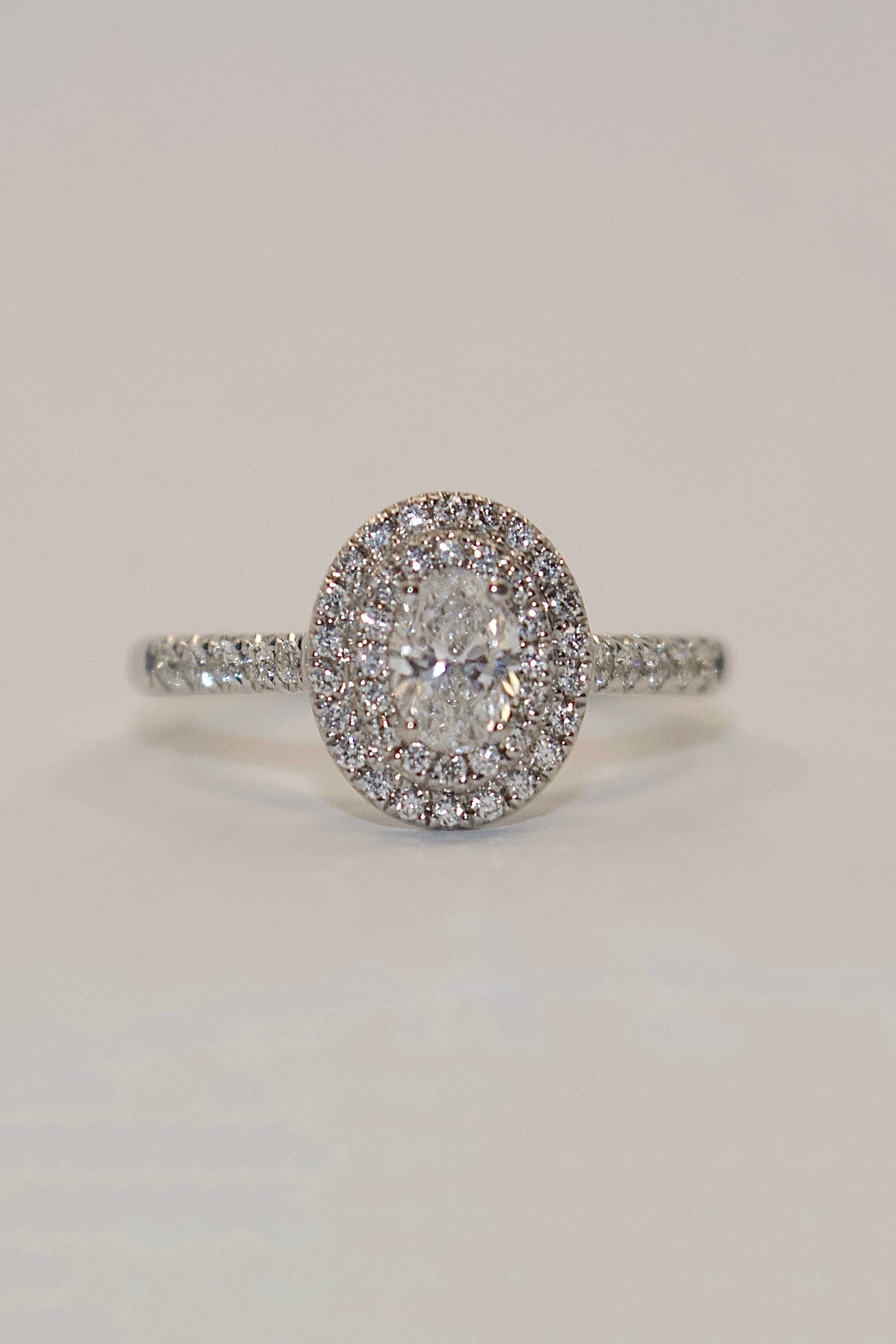 18K White Gold Oval Double Halo with Diamond Band