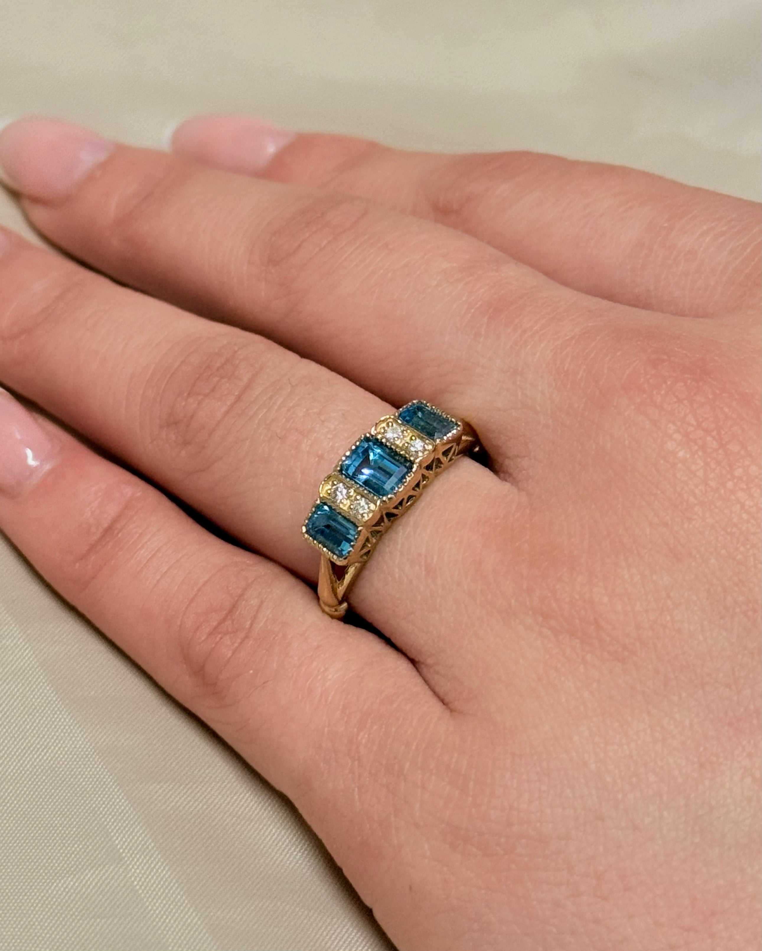 9K Yellow Gold Vintage Style Blue Topaz and Diamond Three Stone