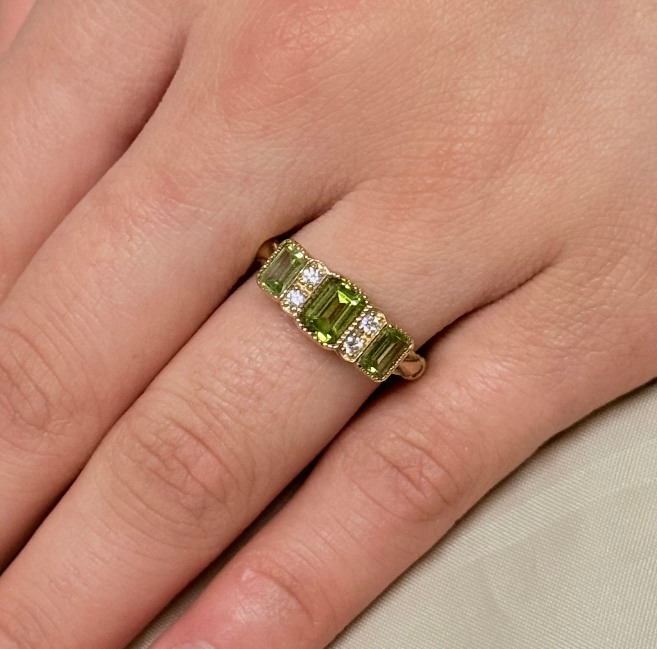 9K Yellow Gold Vintage Style Peridot and Diamond Three Stone