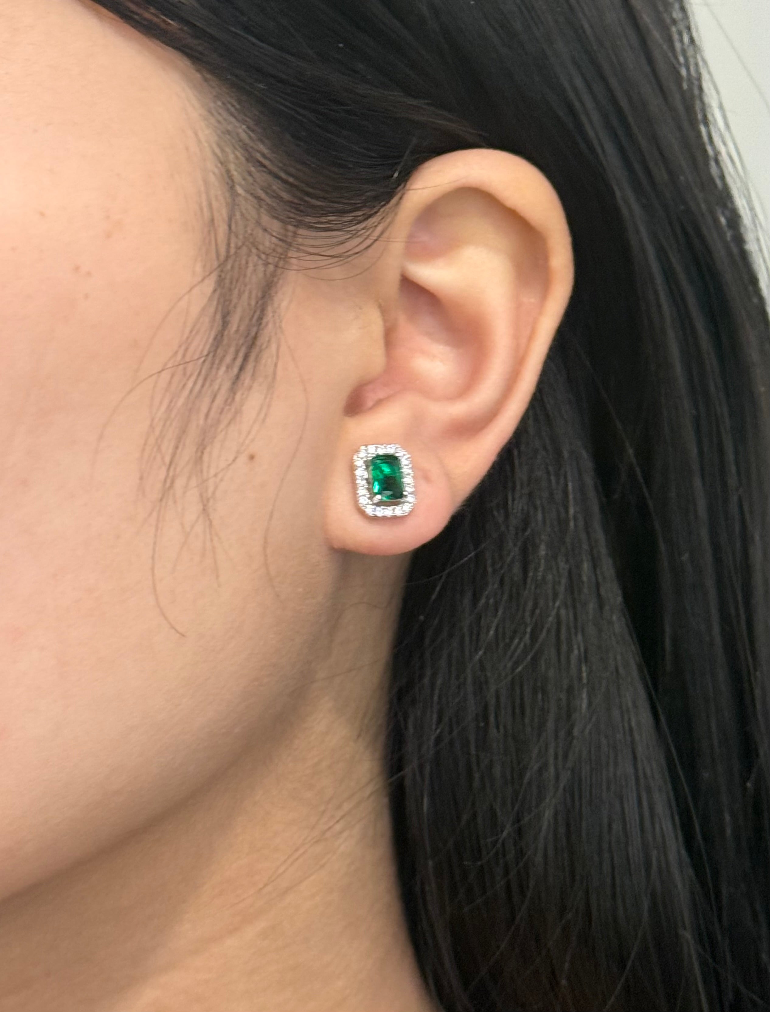 Sterling Silver Green Emerald Cut Halo Stud Earrings
