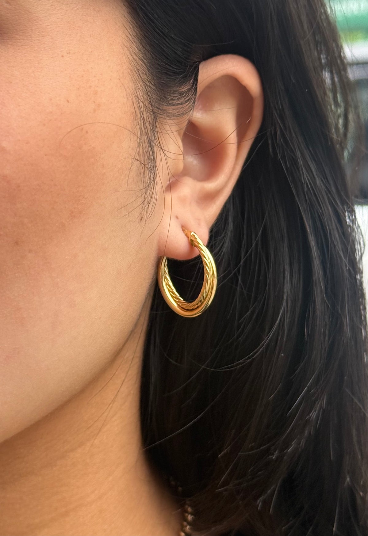 Gold Plated Sterling Silver Rope & Plain Double Hoop